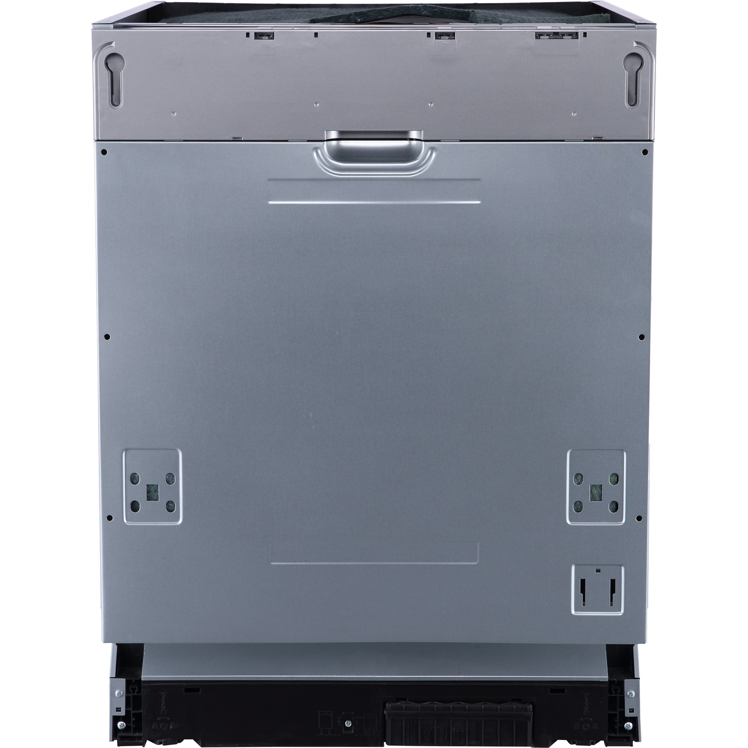 Back view of a silver dishwasher with mounting points and electrical outlets.