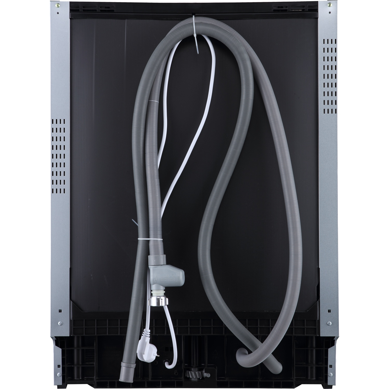 Back of an appliance with grey hoses and a white cable.