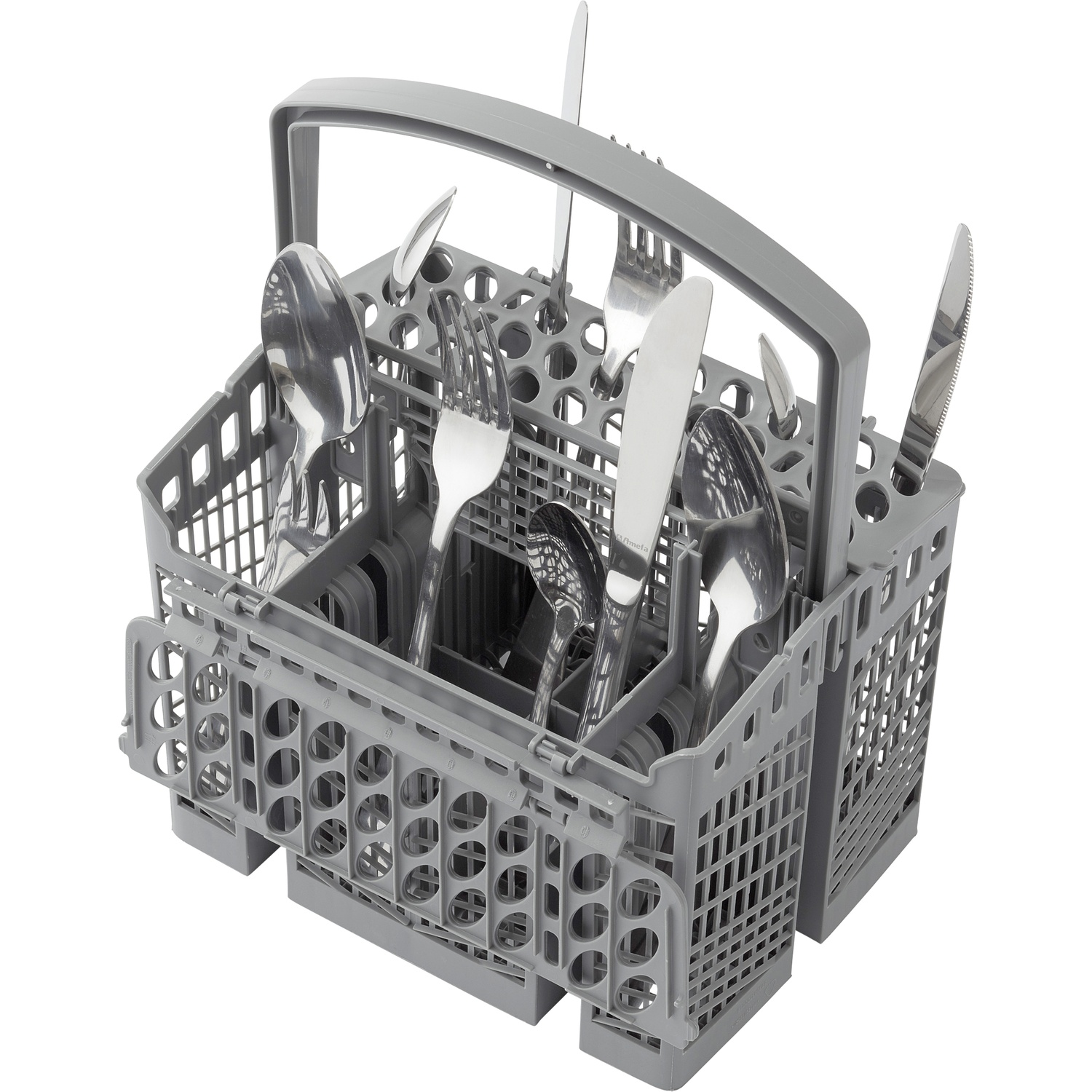 Gray dishwasher basket with spoons, forks, and knives inside.