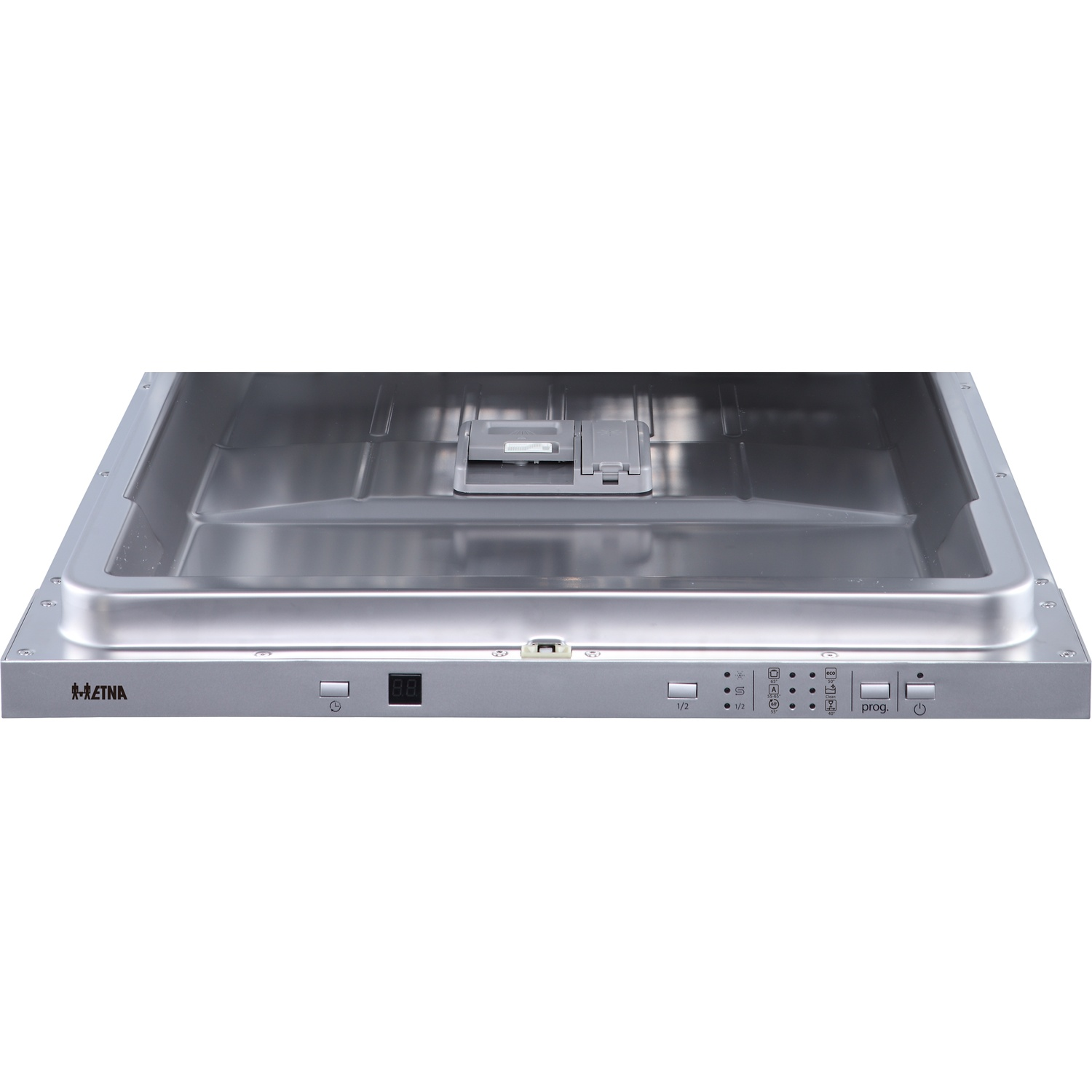 A silver dishwasher with a digital display and program buttons.