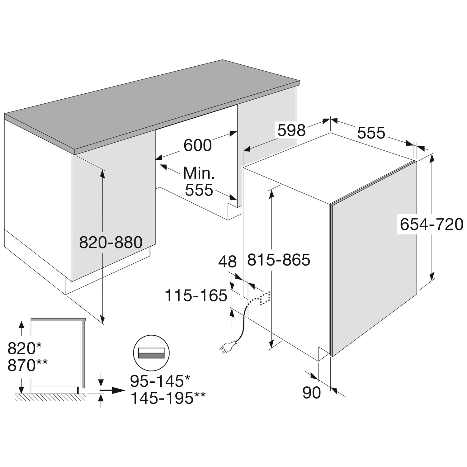 Technical drawing with dimensions for built-in kitchen appliances.