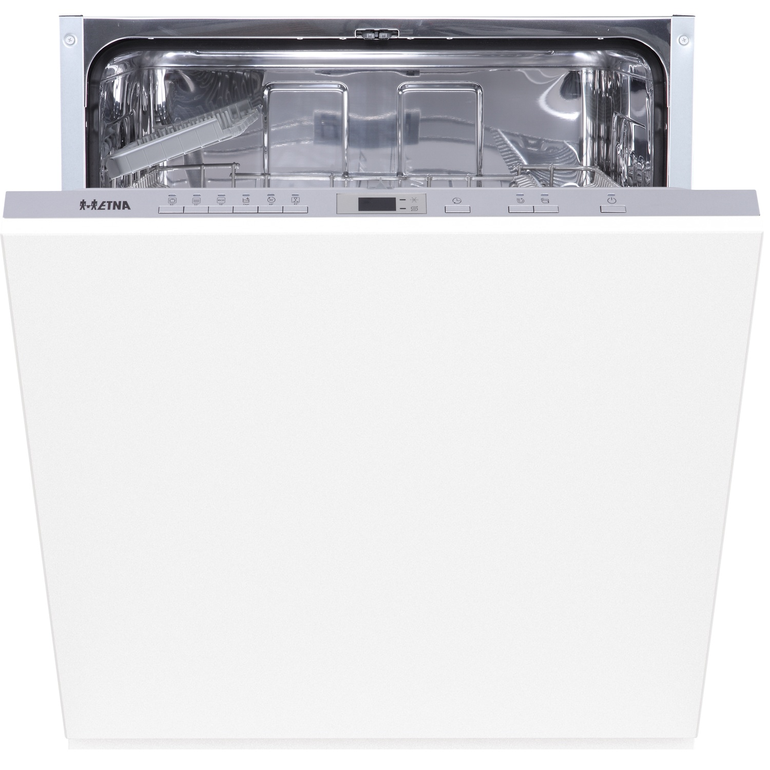 A white built-in dishwasher with its door open, showing the interior and control panel.