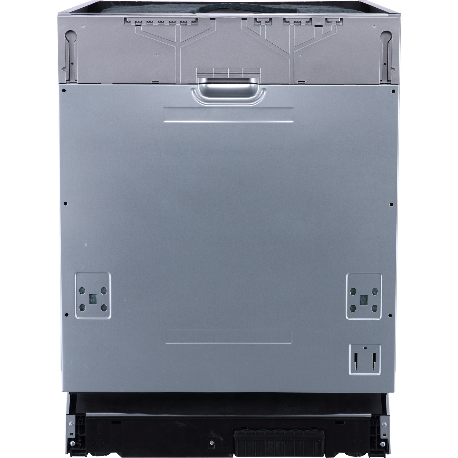 Back view of a silver dishwasher with ports and ventilation slots.