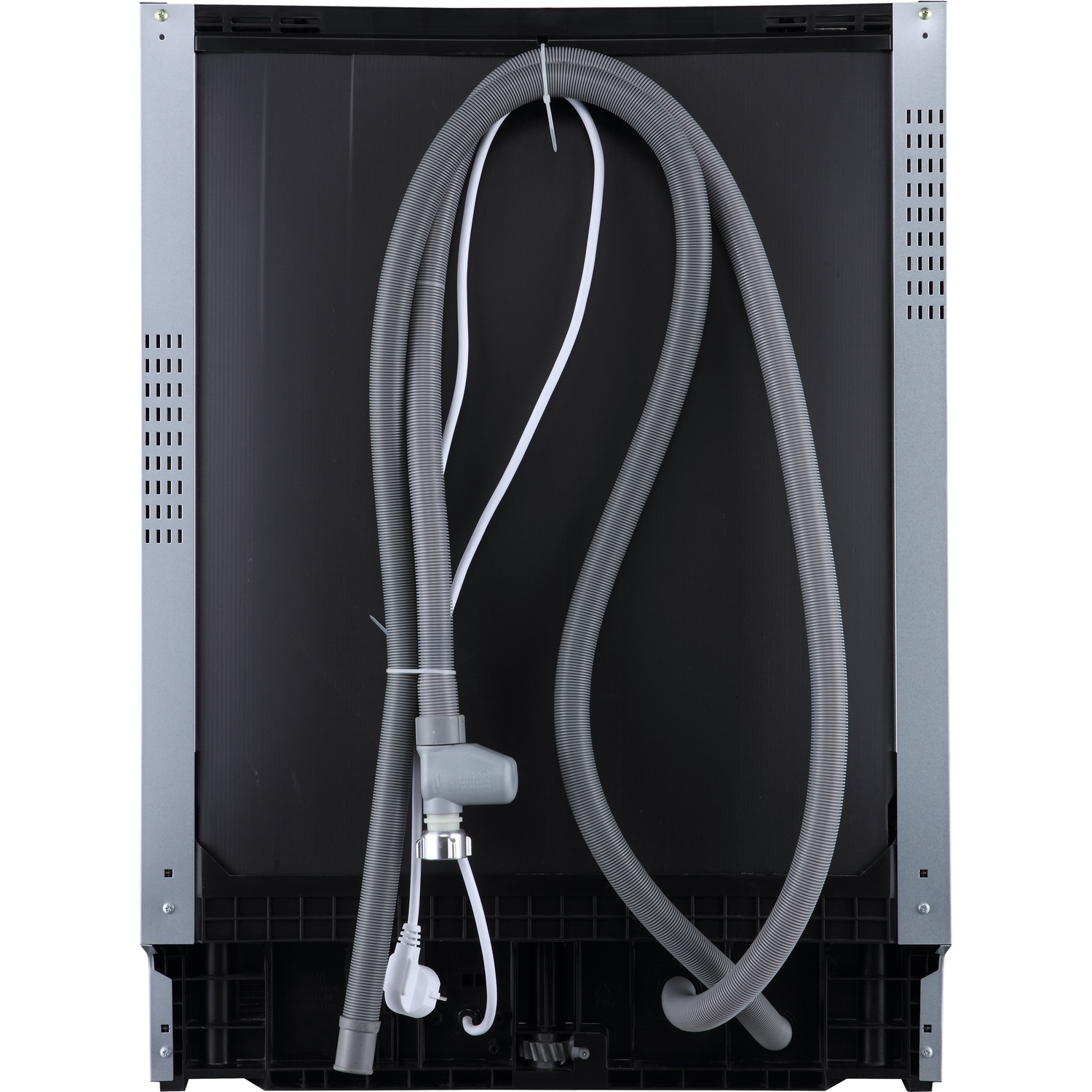 Back of an appliance showing hoses, a cable, and a plug.