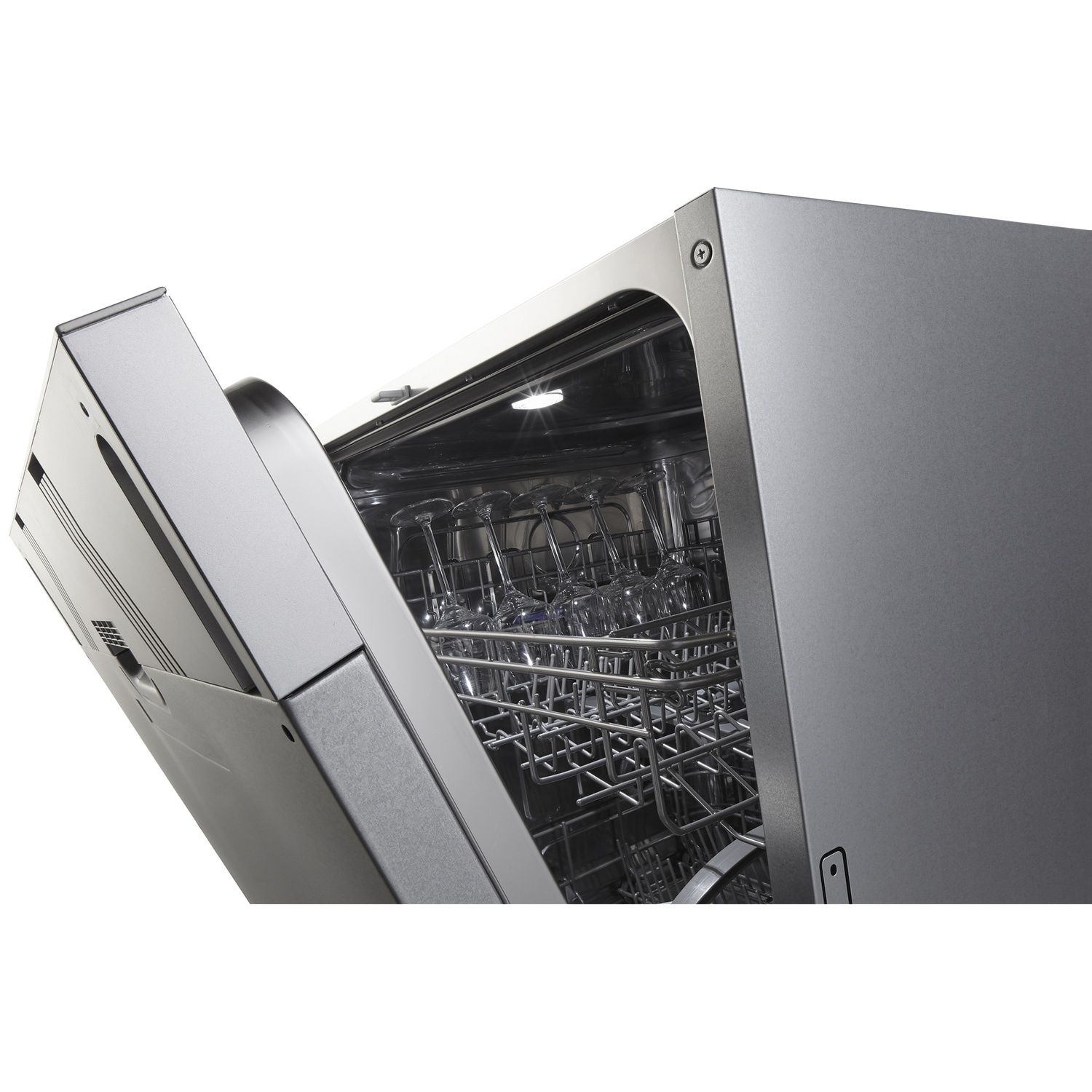 A silver dishwasher with its door open reveals racks full of glasses.