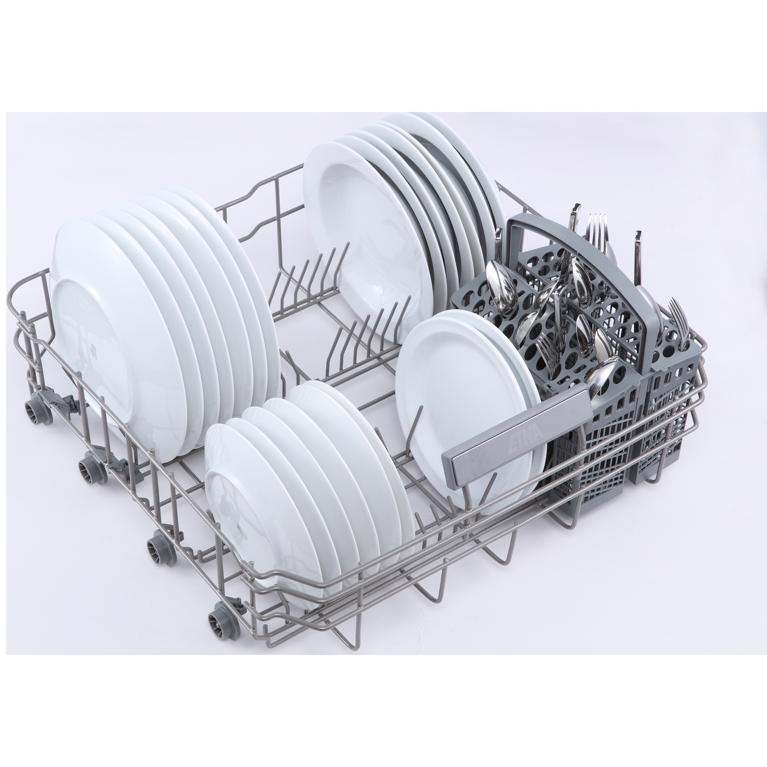 An open dishwasher with white plates and cutlery in a gray basket.