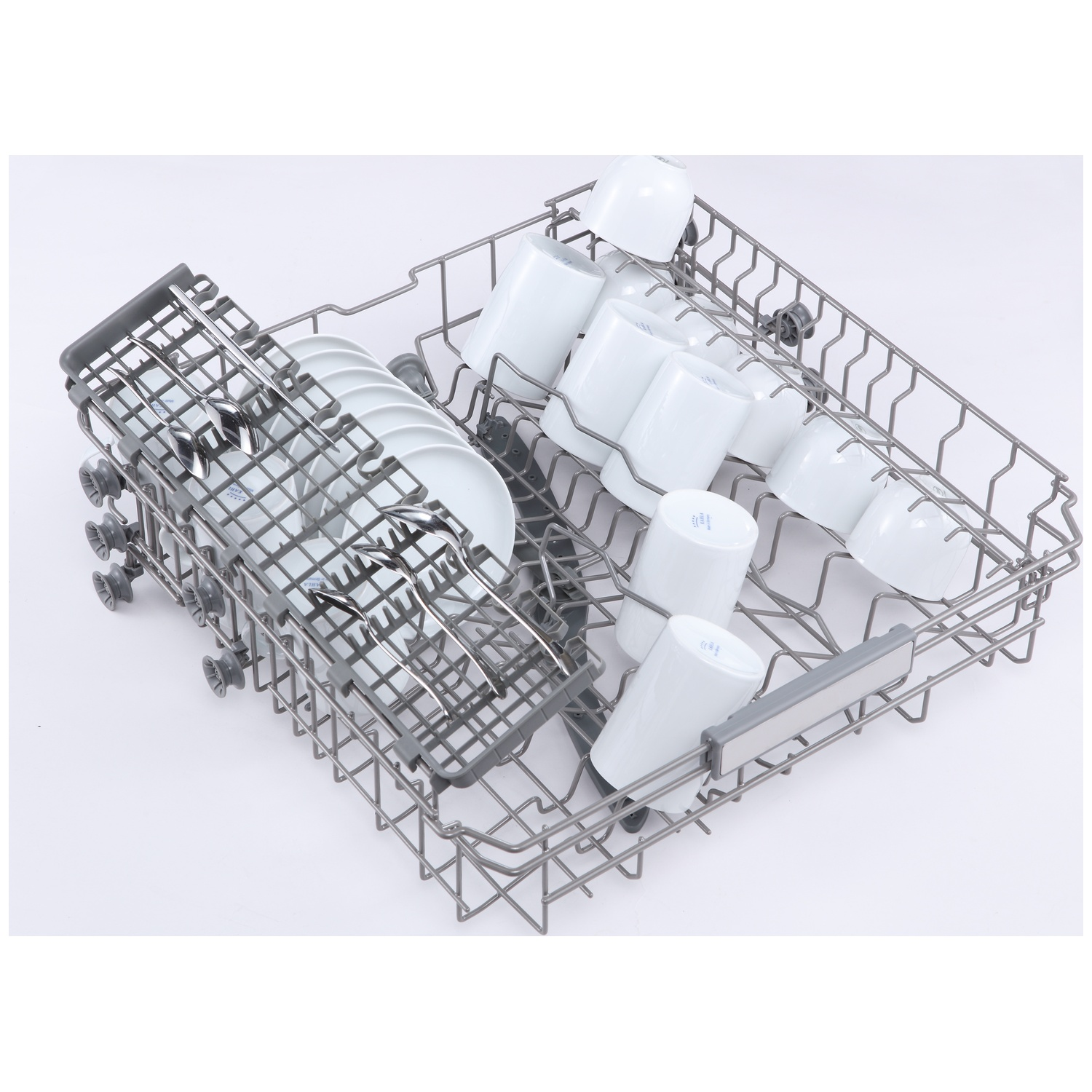 Dishwasher rack holding white cups, plates, and cutlery against a white background.