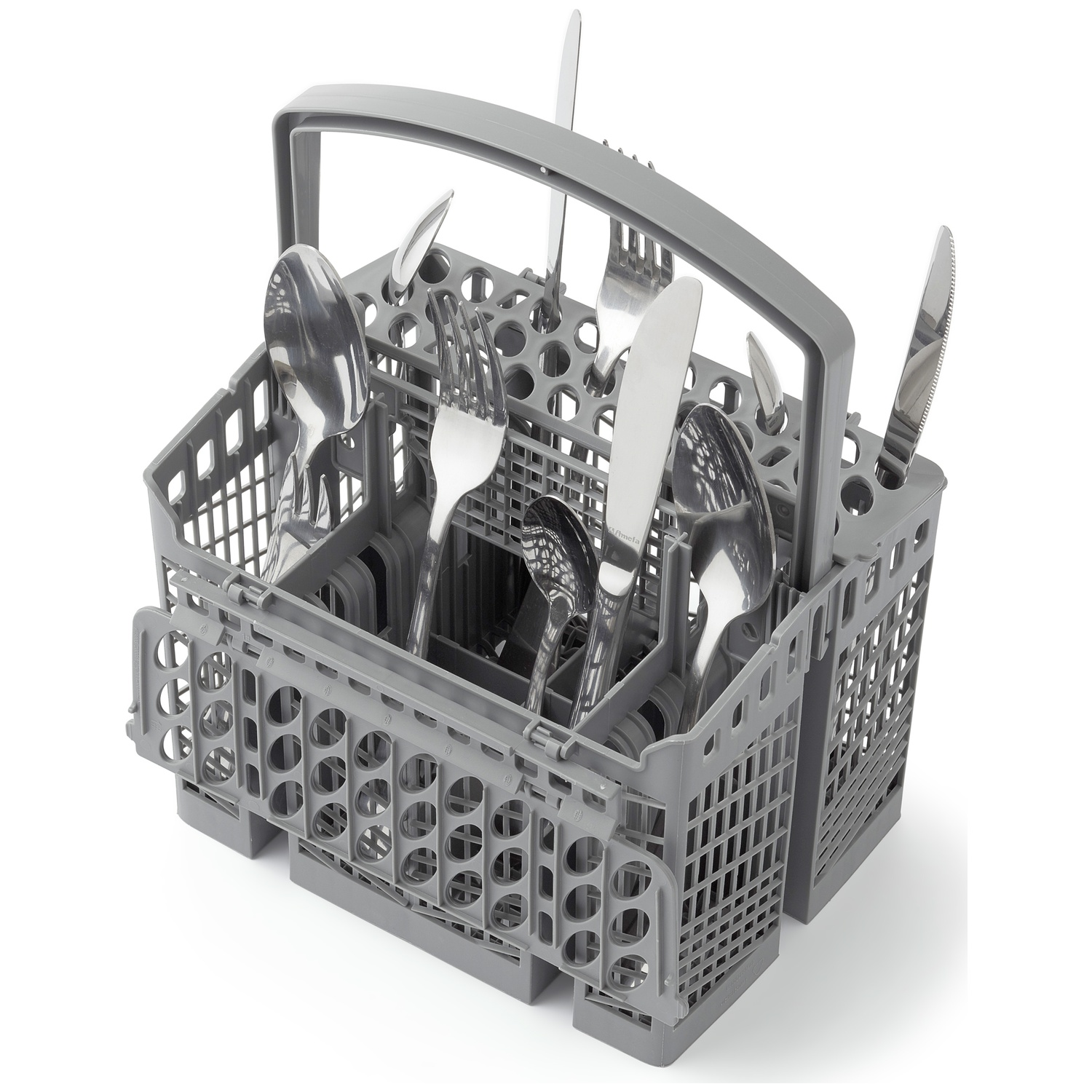 A gray dishwasher cutlery basket filled with clean, shiny silverware.