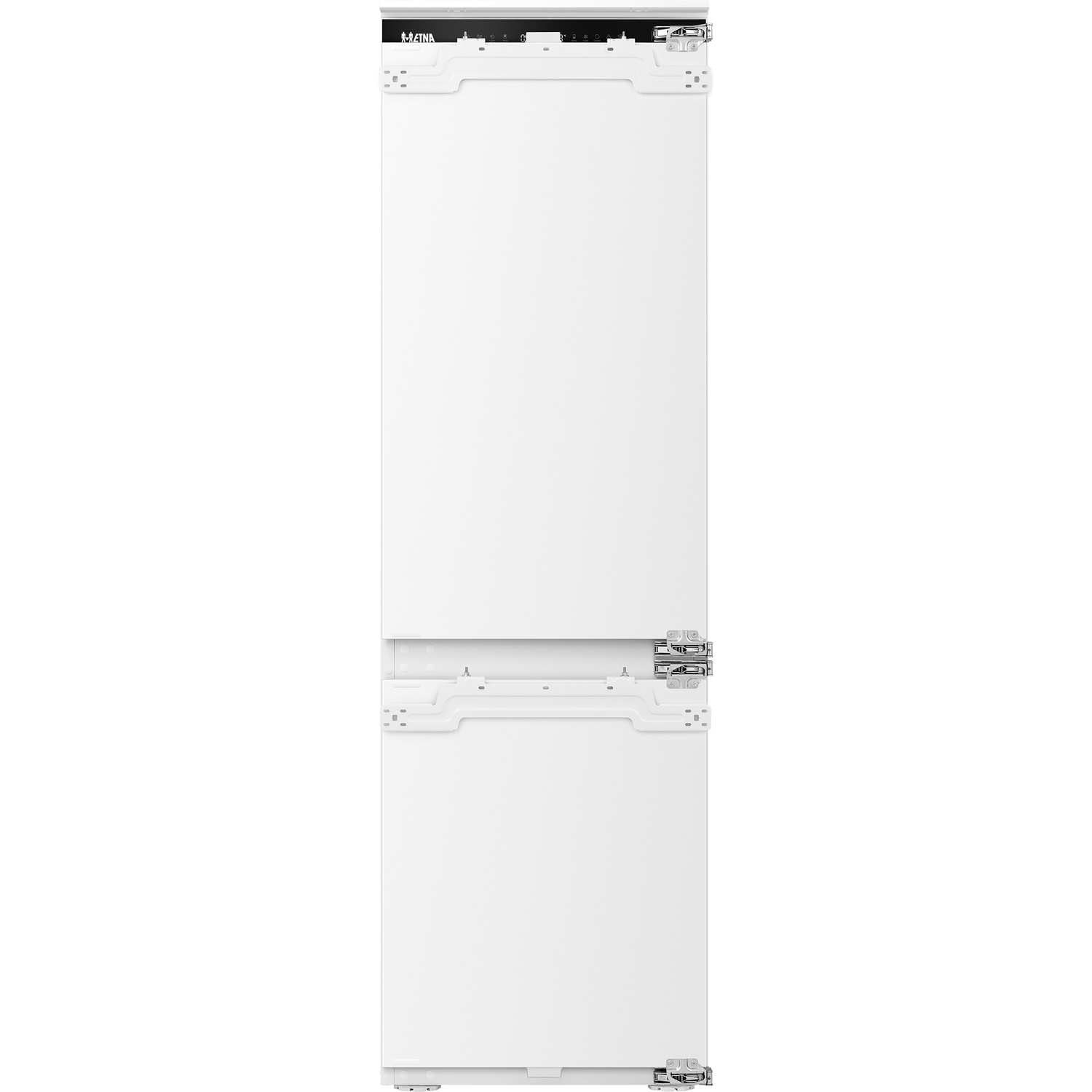 A white built-in kitchen panel with silver hinges and control elements.