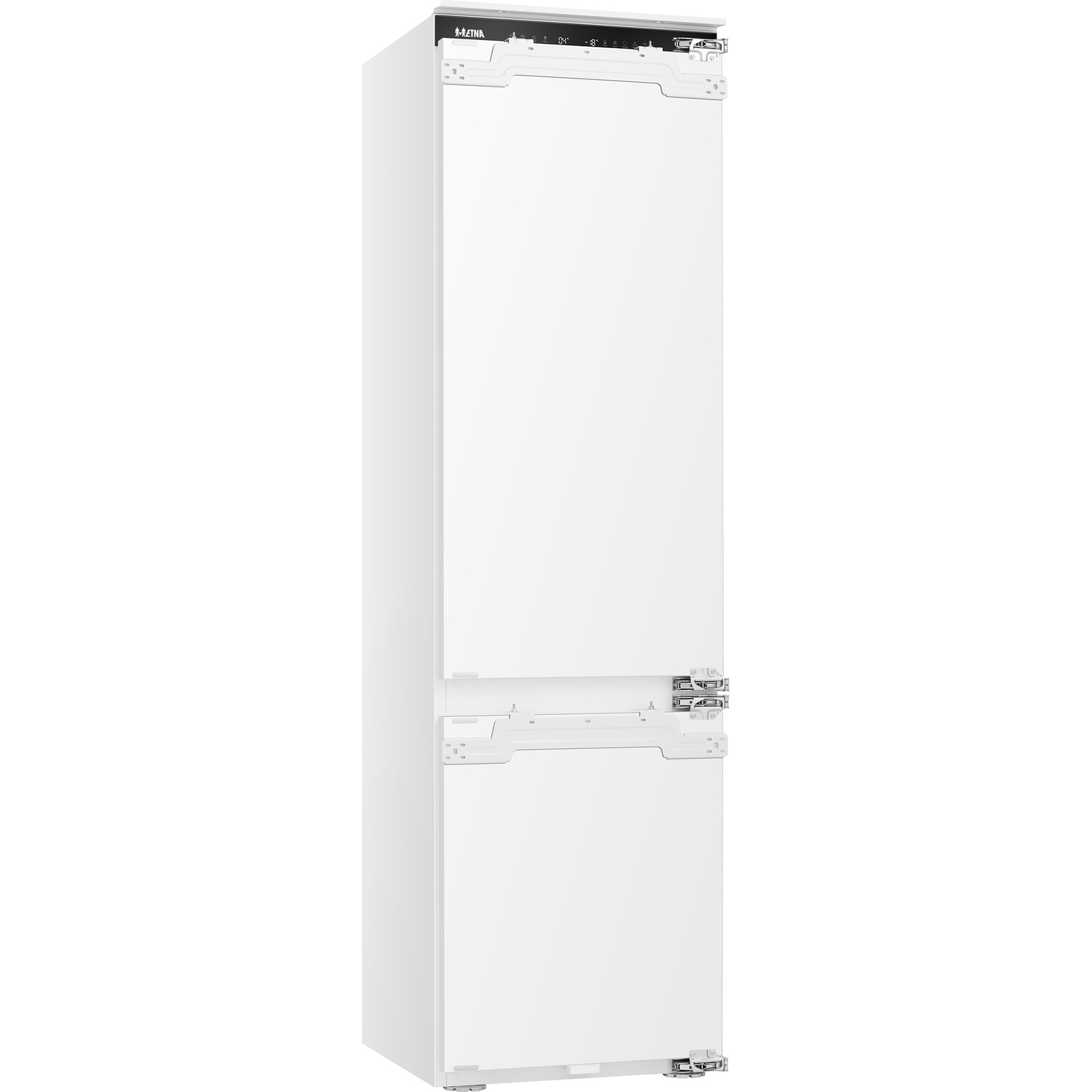 A white, vertical refrigerator with silver hinges and a black control panel.