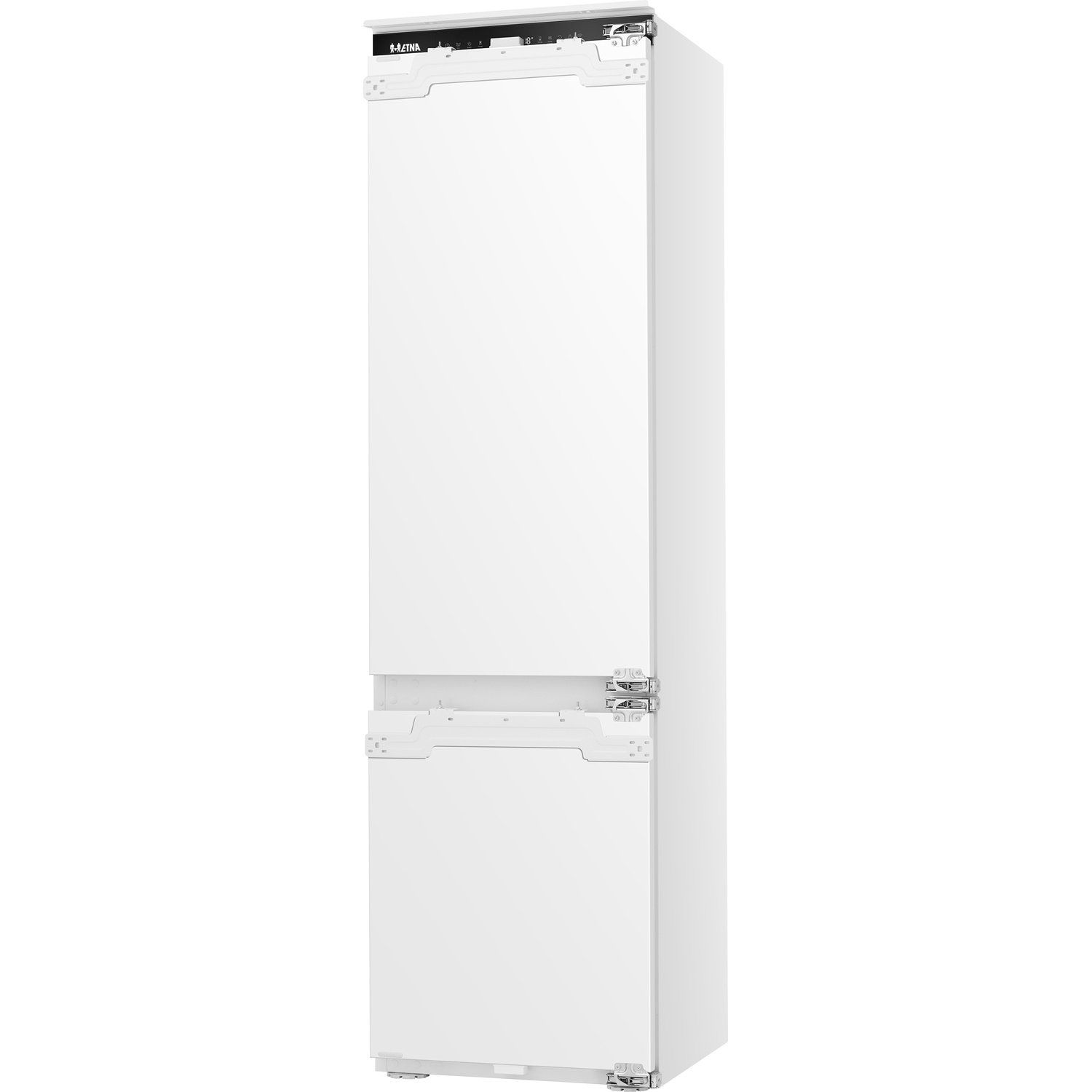 A white built-in fridge-freezer with silver handles and a digital display.