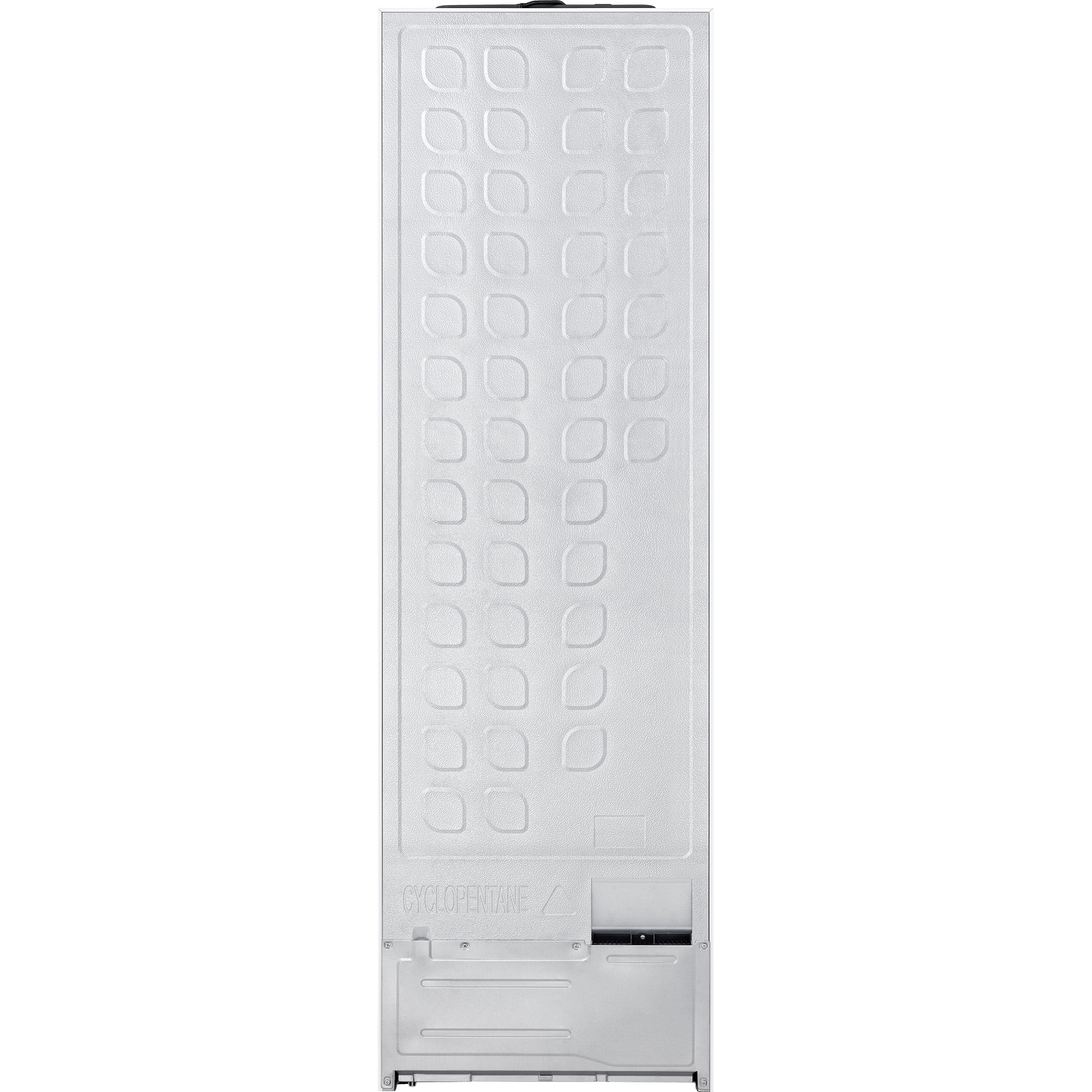 Back of a white refrigerator with embossed pattern and technical details.