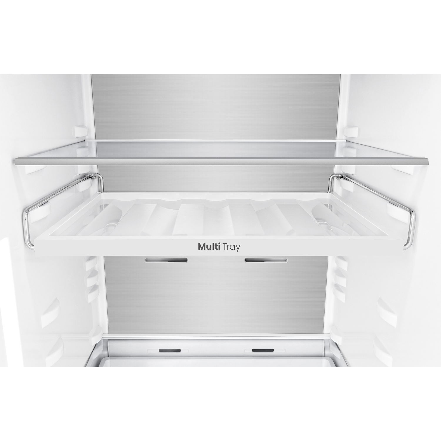 Inside view of a white refrigerator with glass shelf and Multi Tray.