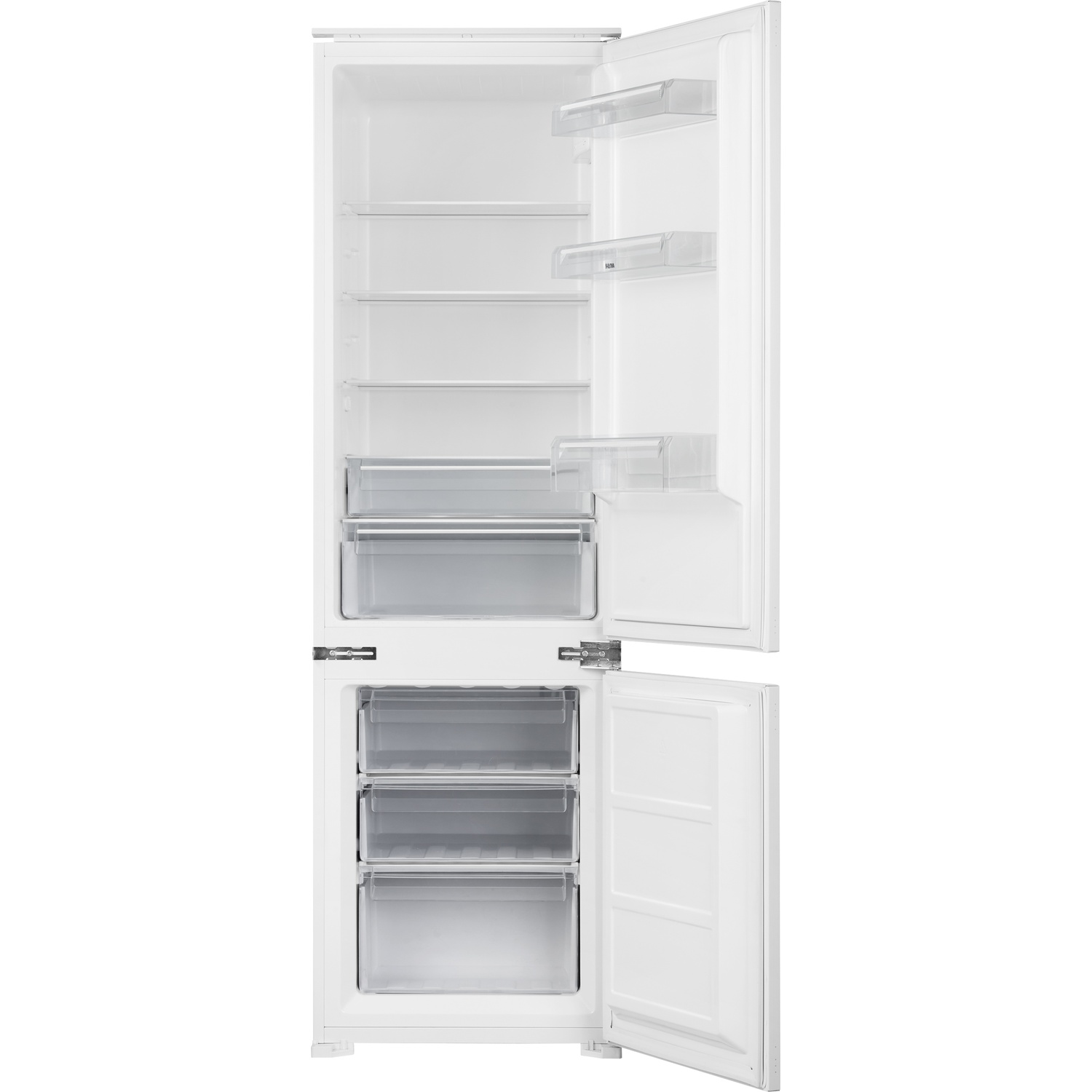 A white refrigerator with its door open, showing shelves and drawers inside.