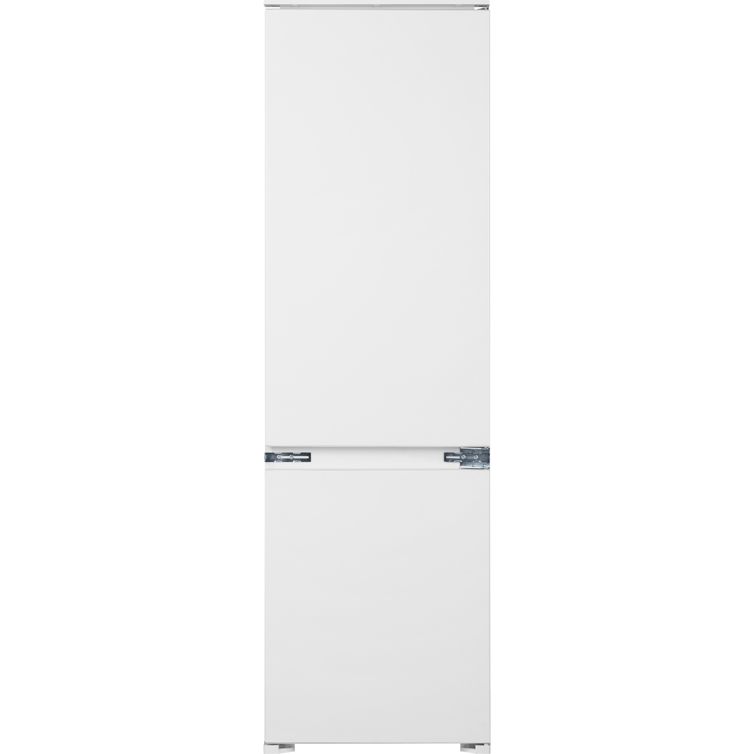 A white refrigerator with two doors, separated by a silver bar.