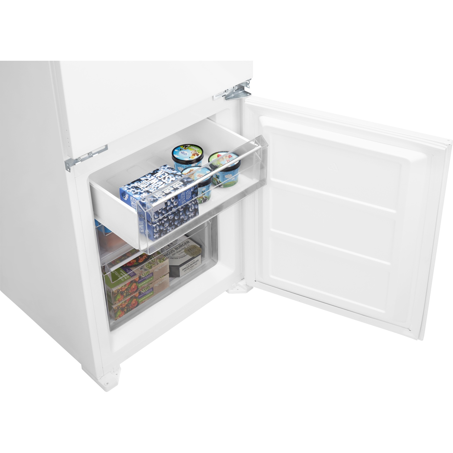 A white refrigerator with an open door shows frozen food items in a drawer.