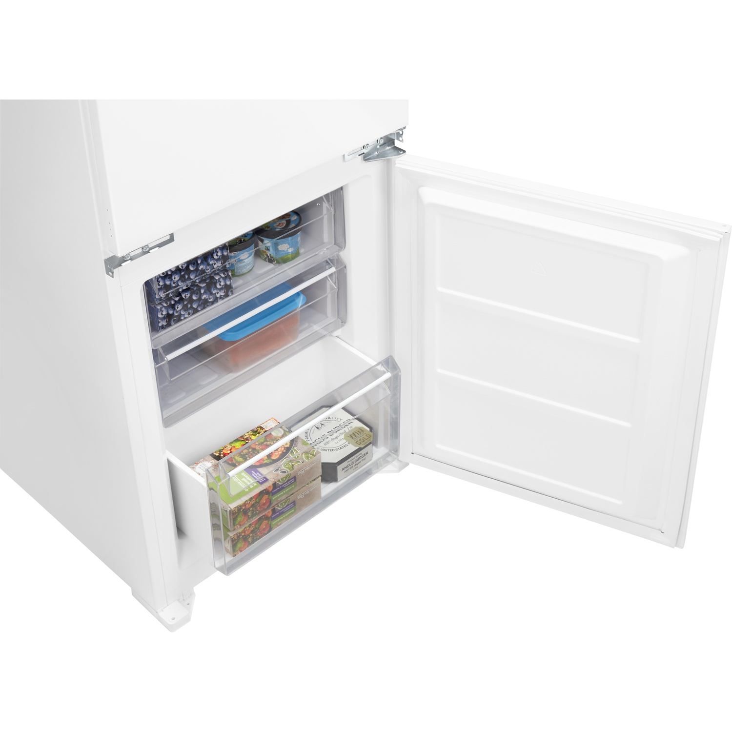 Open white freezer drawer with blueberries, yogurt, and frozen food boxes.
