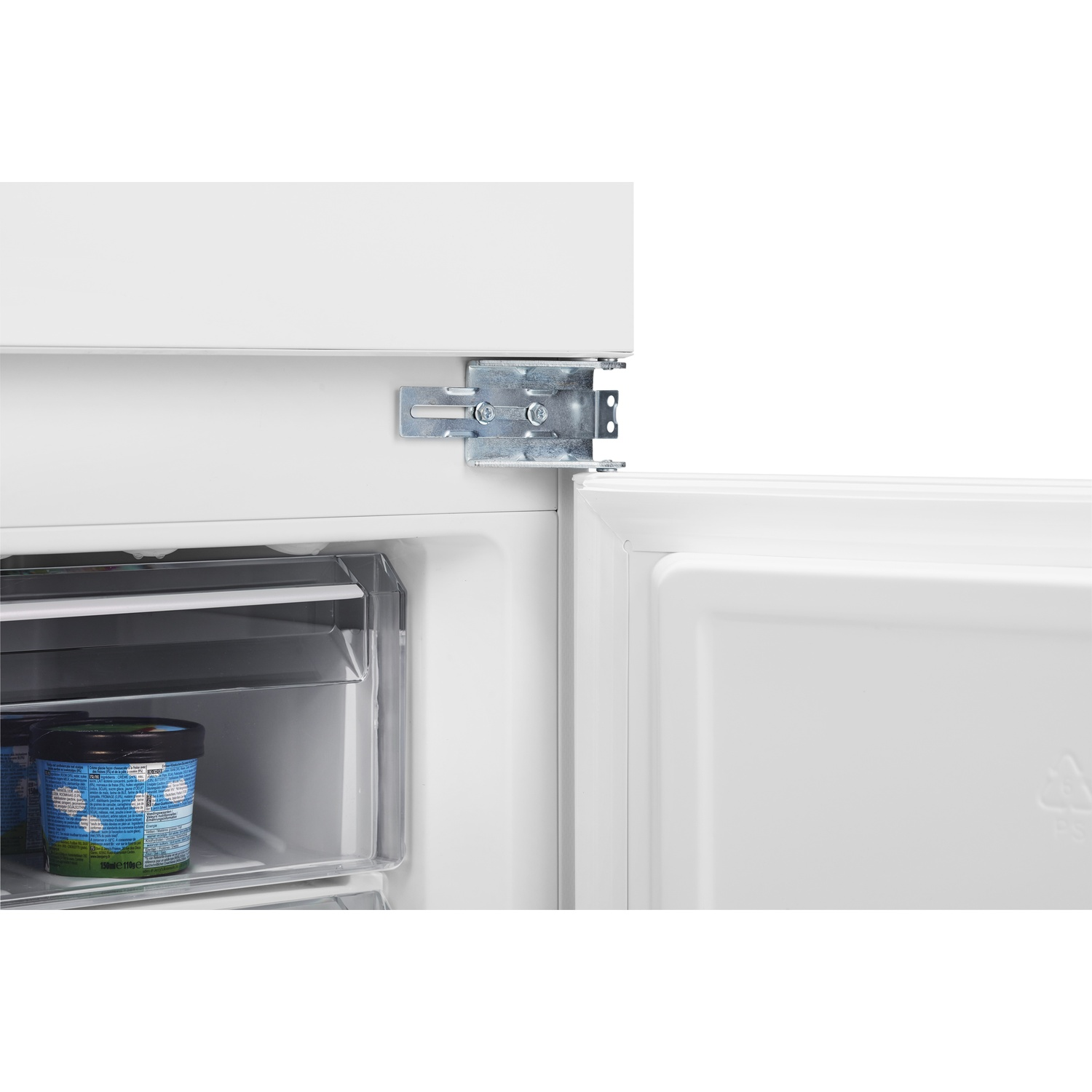 An open refrigerator with an ice cream tub inside a compartment.