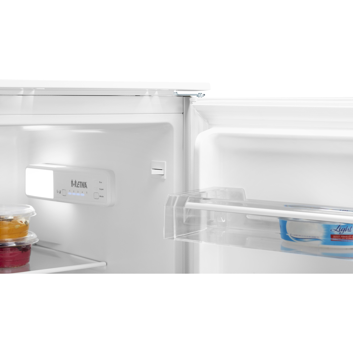 Interior view of an open refrigerator with shelves, containers, and a 