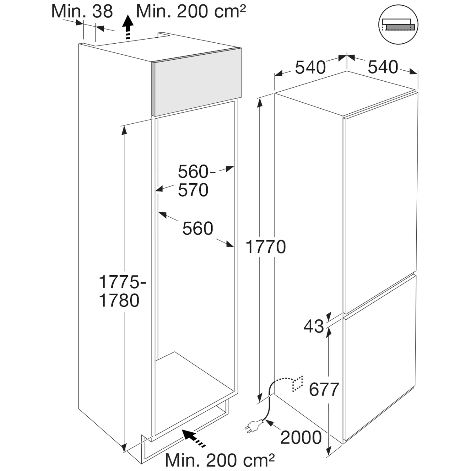 Technical drawing of a refrigerator with dimensions and clearances.