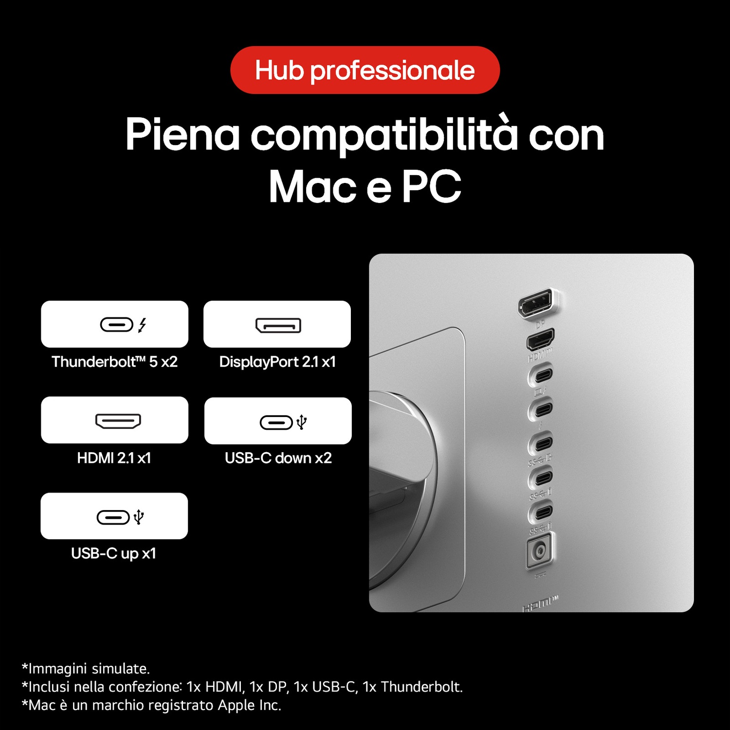 Un hub argentato mostra varie porte: Thunderbolt, USB-C, HDMI e DisplayPort.