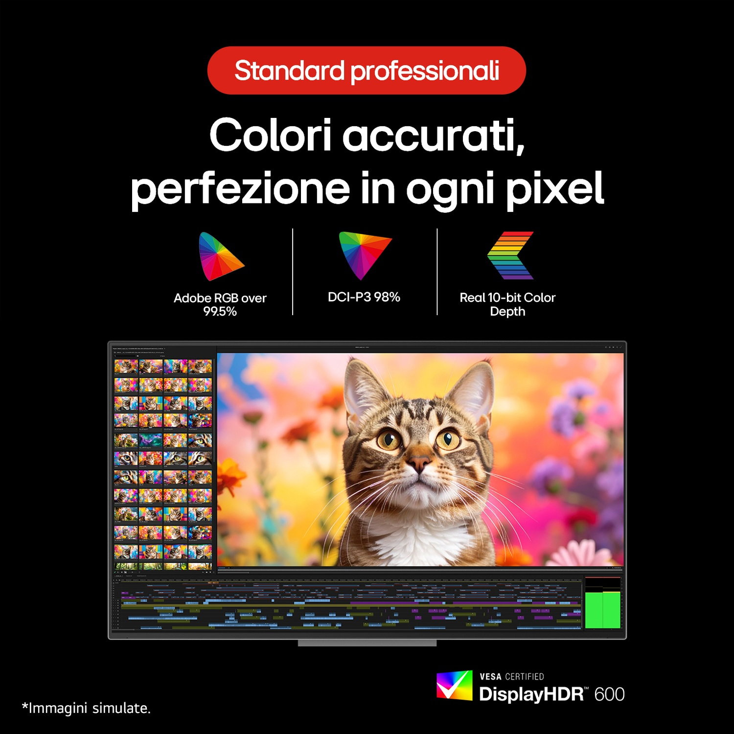 Un monitor mostra un ritratto di gatto, dati colore e software di editing.
