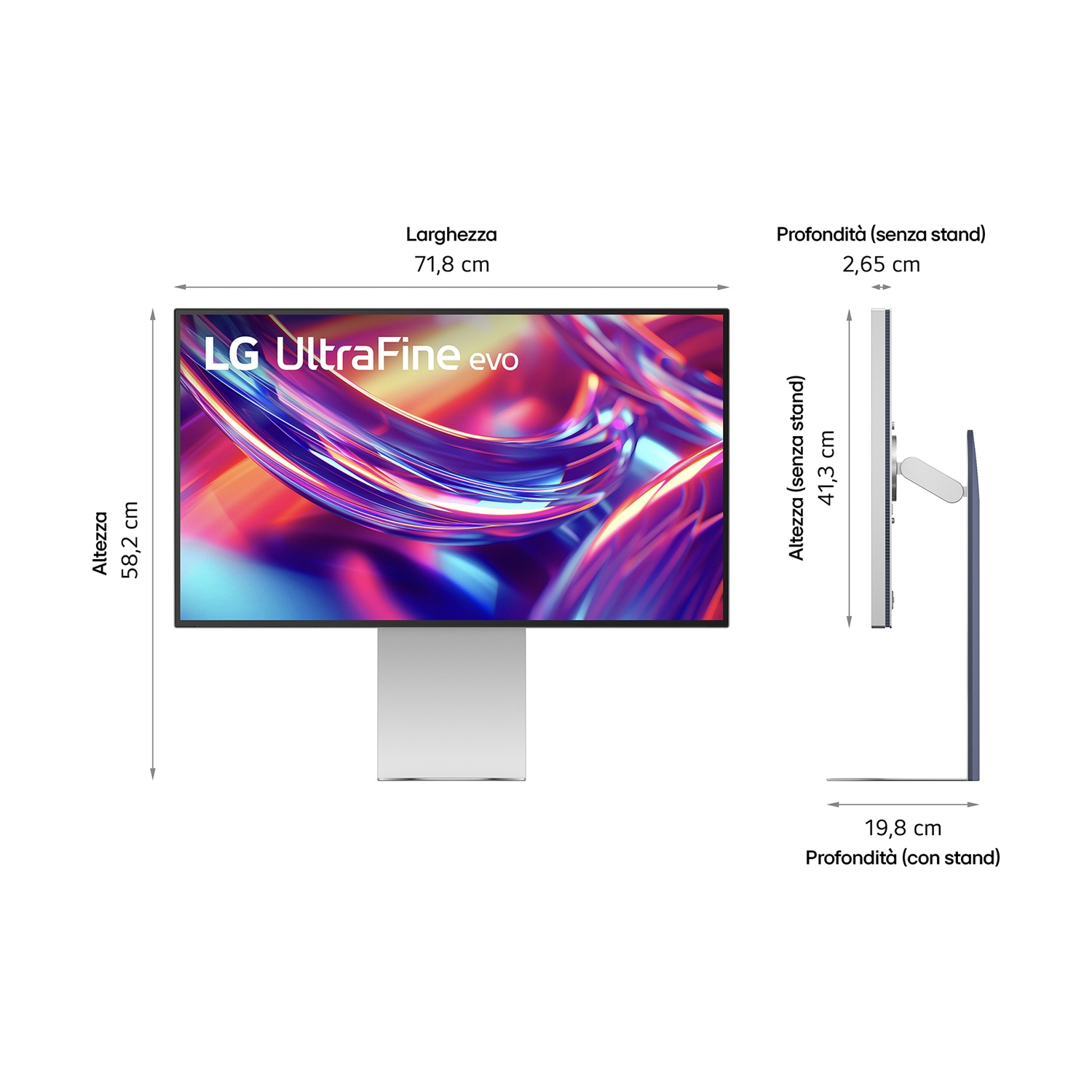 Monitor LG UltraFine con dimensioni: Altezza 58,2cm, Larghezza 71,8cm.