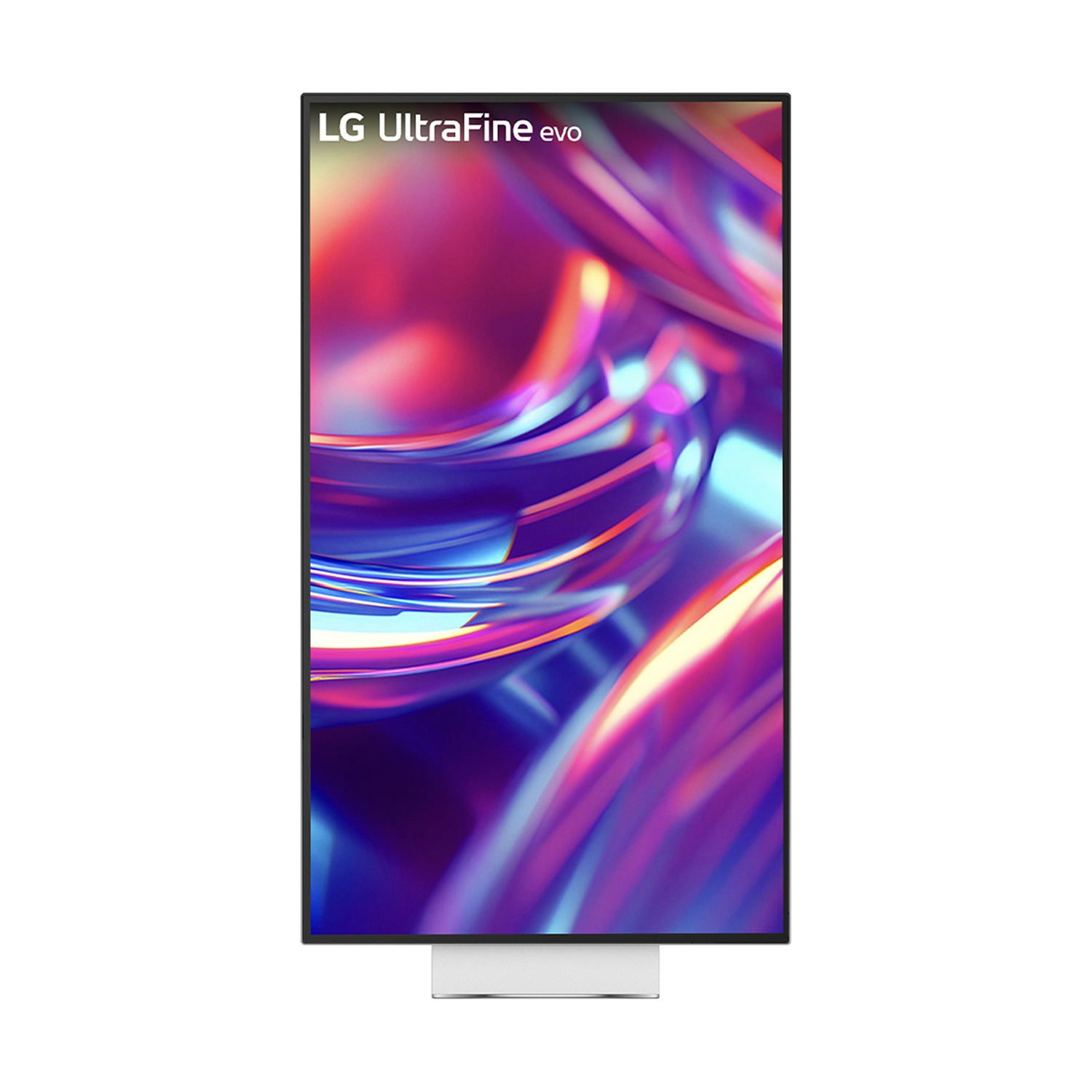Monitor LG UltraFine evo mostra opera d'arte astratta e colorata su piedistallo bianco.