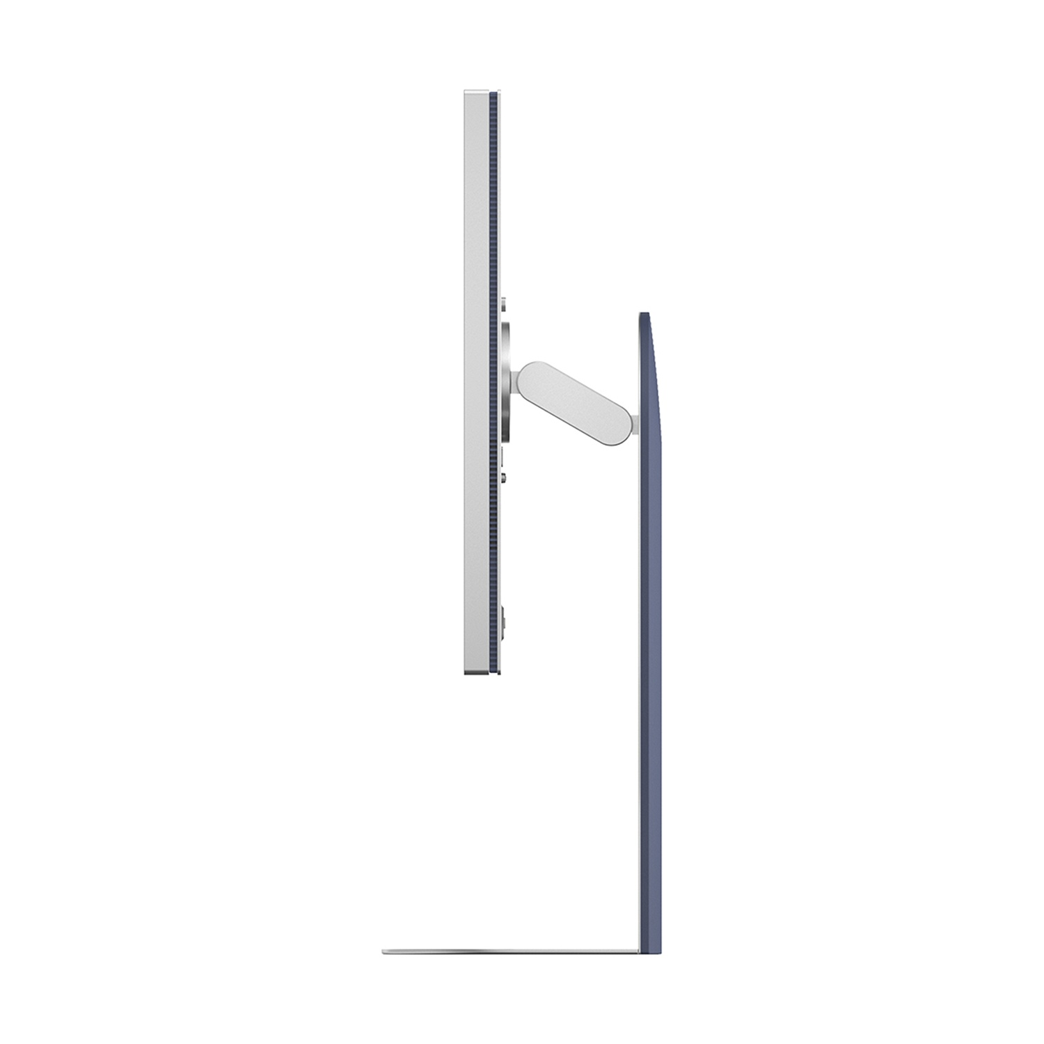 Un moderno monitor per computer con cornice argentata e supporto blu.
