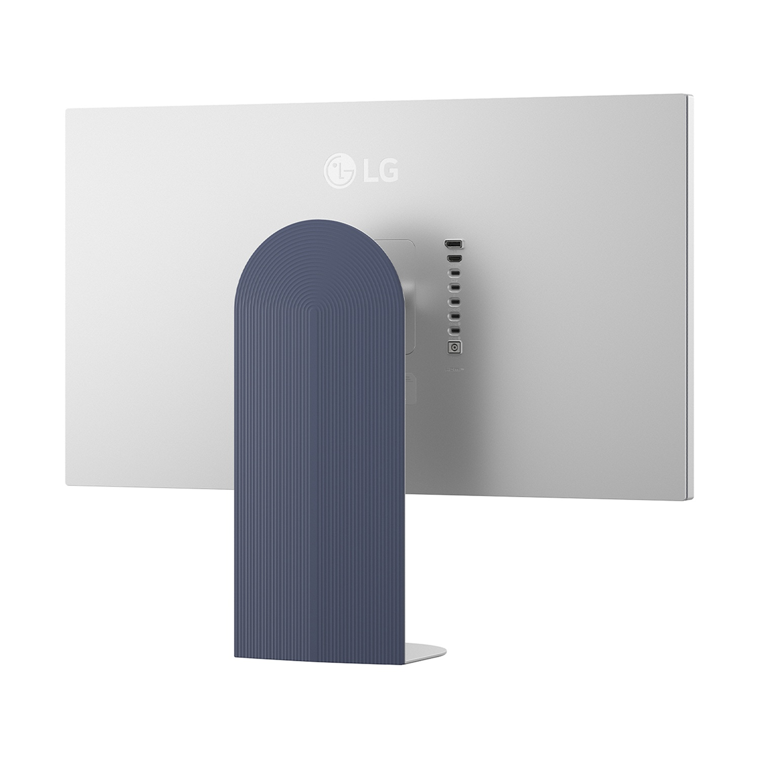 Retro di un monitor con logo LG e porte. Supporto blu.