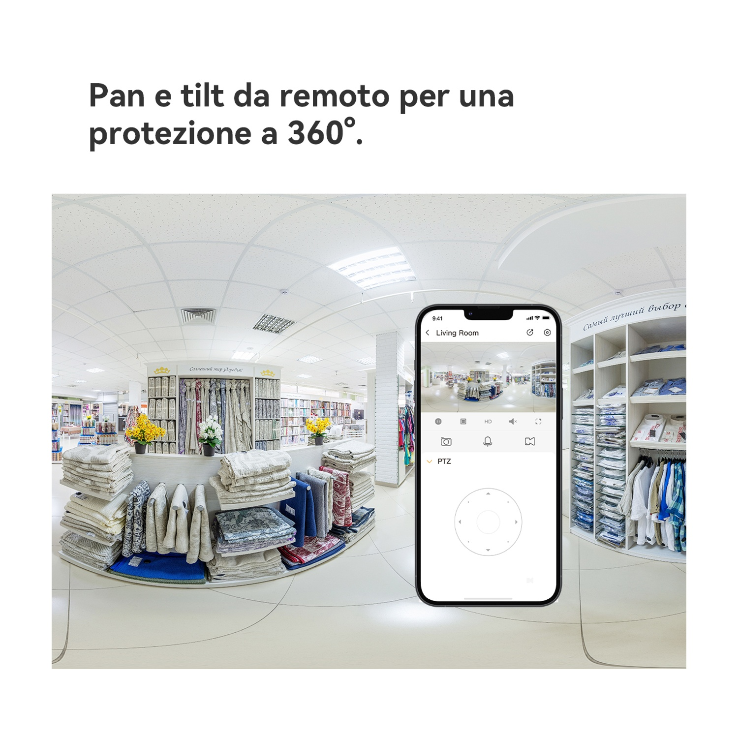 Uno smartphone mostra una vista di sorveglianza di un negozio di tessuti.