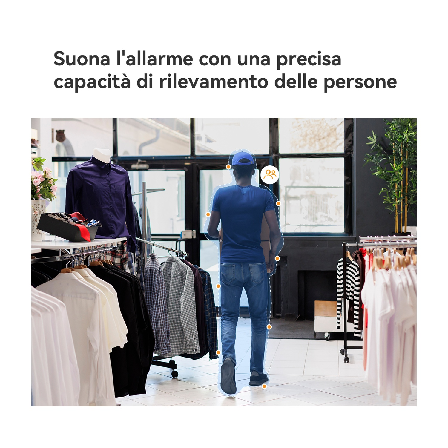 Un uomo cammina in un negozio, una griglia intorno a lui.