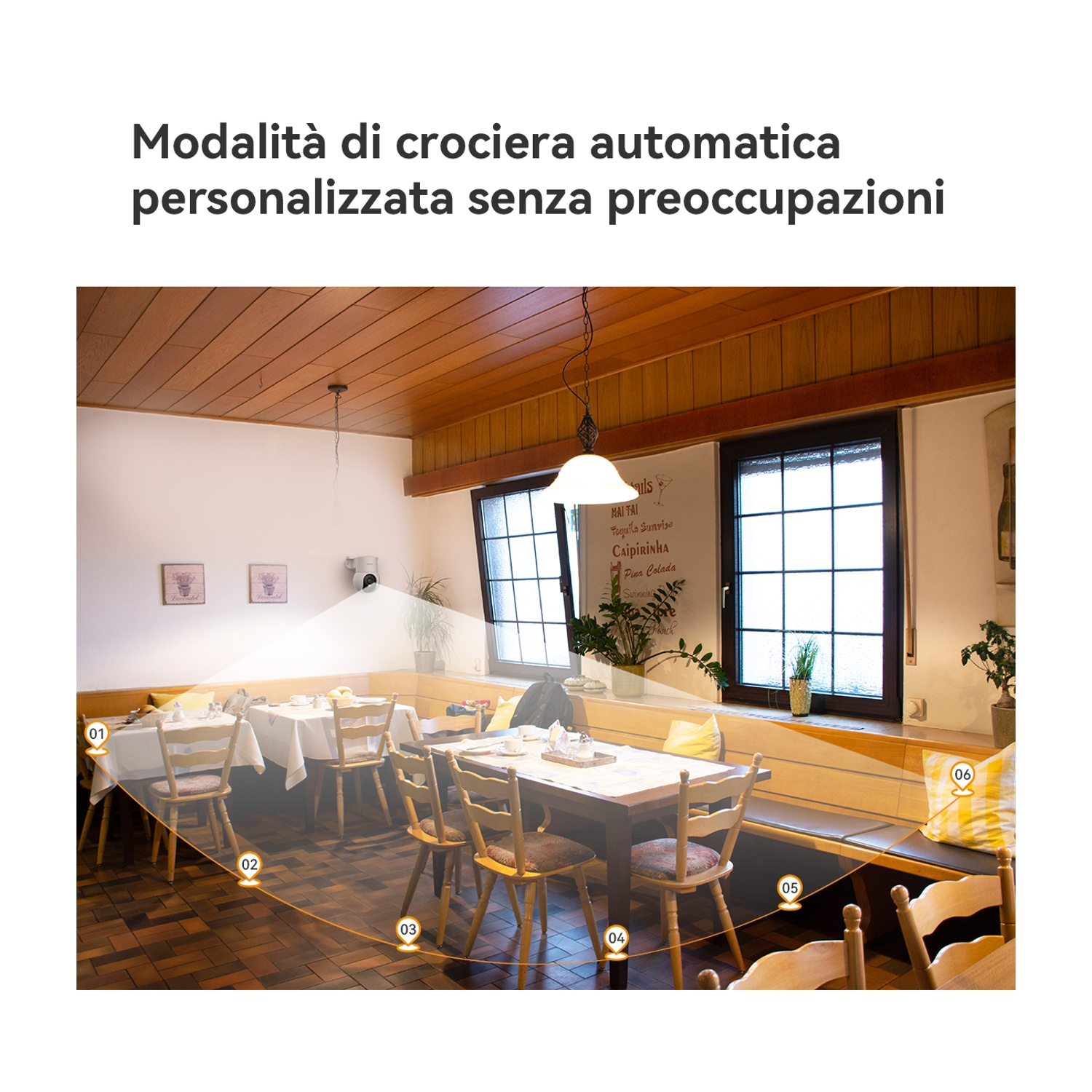 Interno di un ristorante con tavoli, sedie e illuminazione. Focus sulle aree salotto.