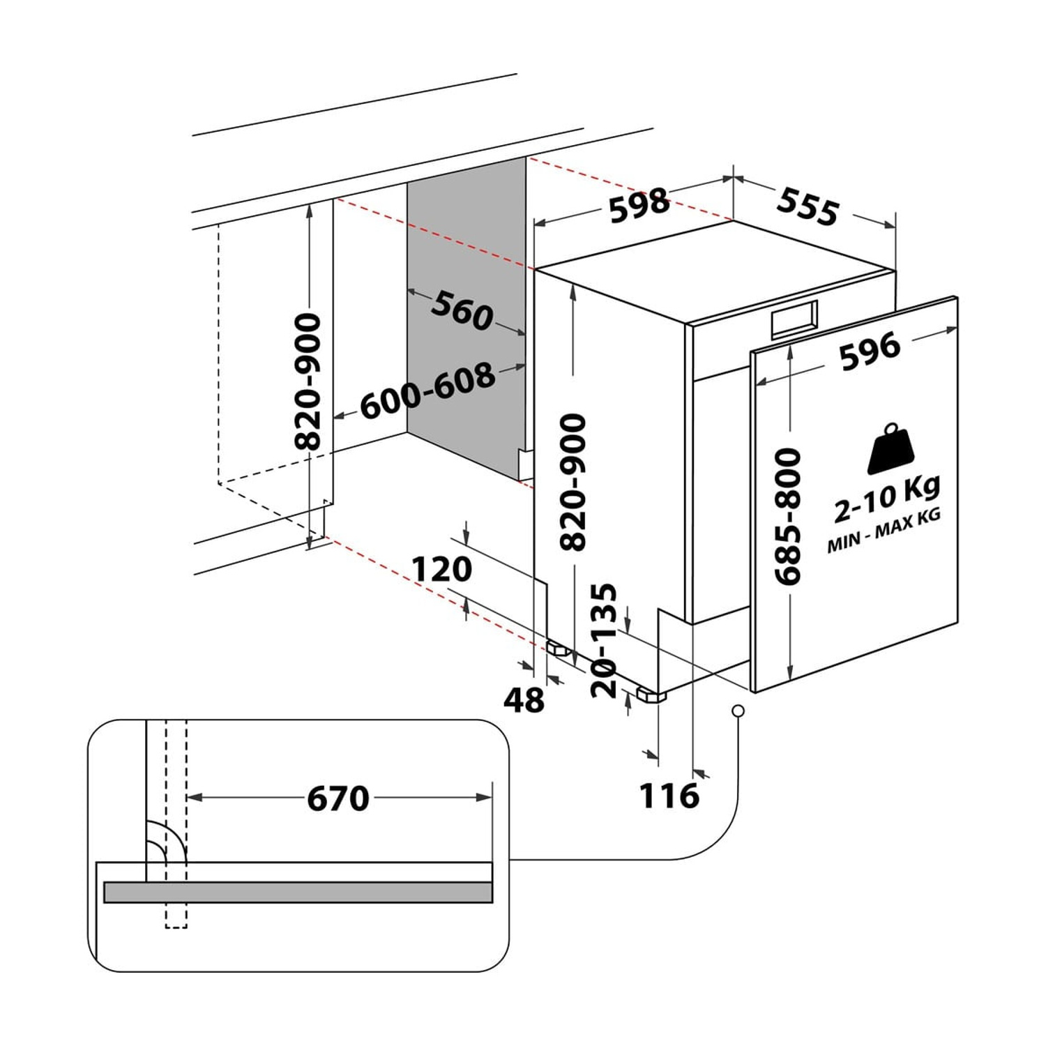 Disegno tecnico di una lavastoviglie con dimensioni in mm. Include altezza, larghezza e profondità.