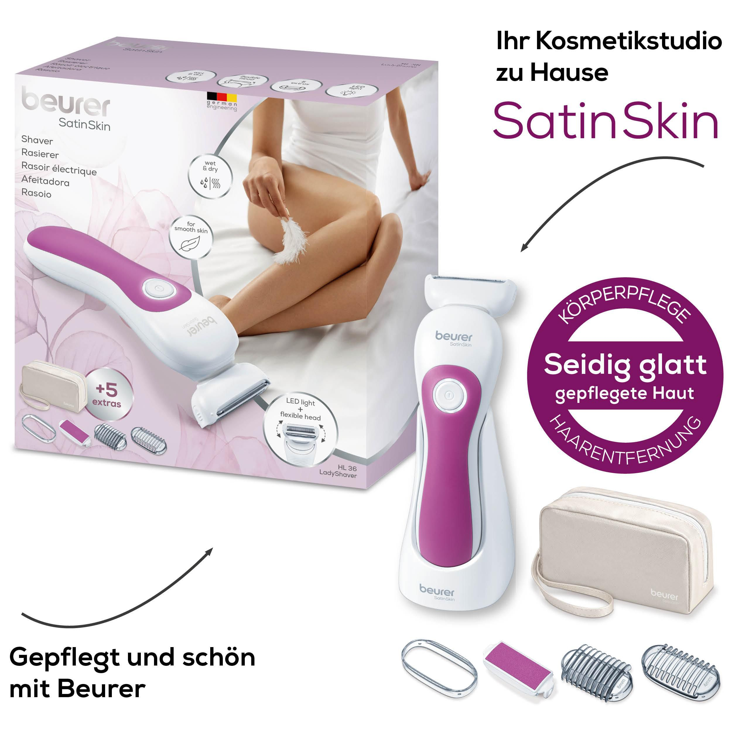 Beurer SatinSkin LadyShaver mit Zubehör, pink und weiß, für glatte Haut.