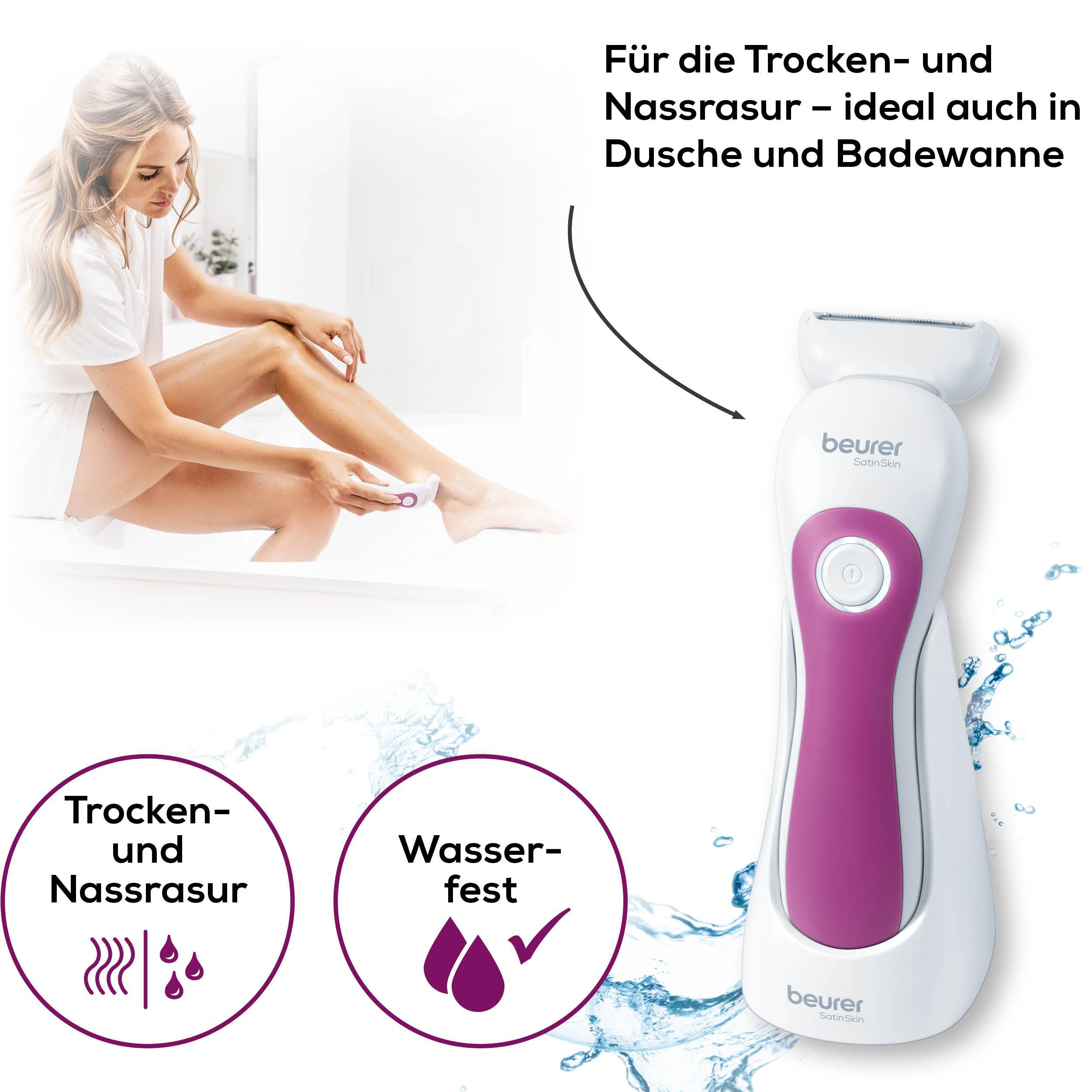 Frau rasiert Bein mit weißem und lila Epilierer. Für Trocken- und Nassrasur.