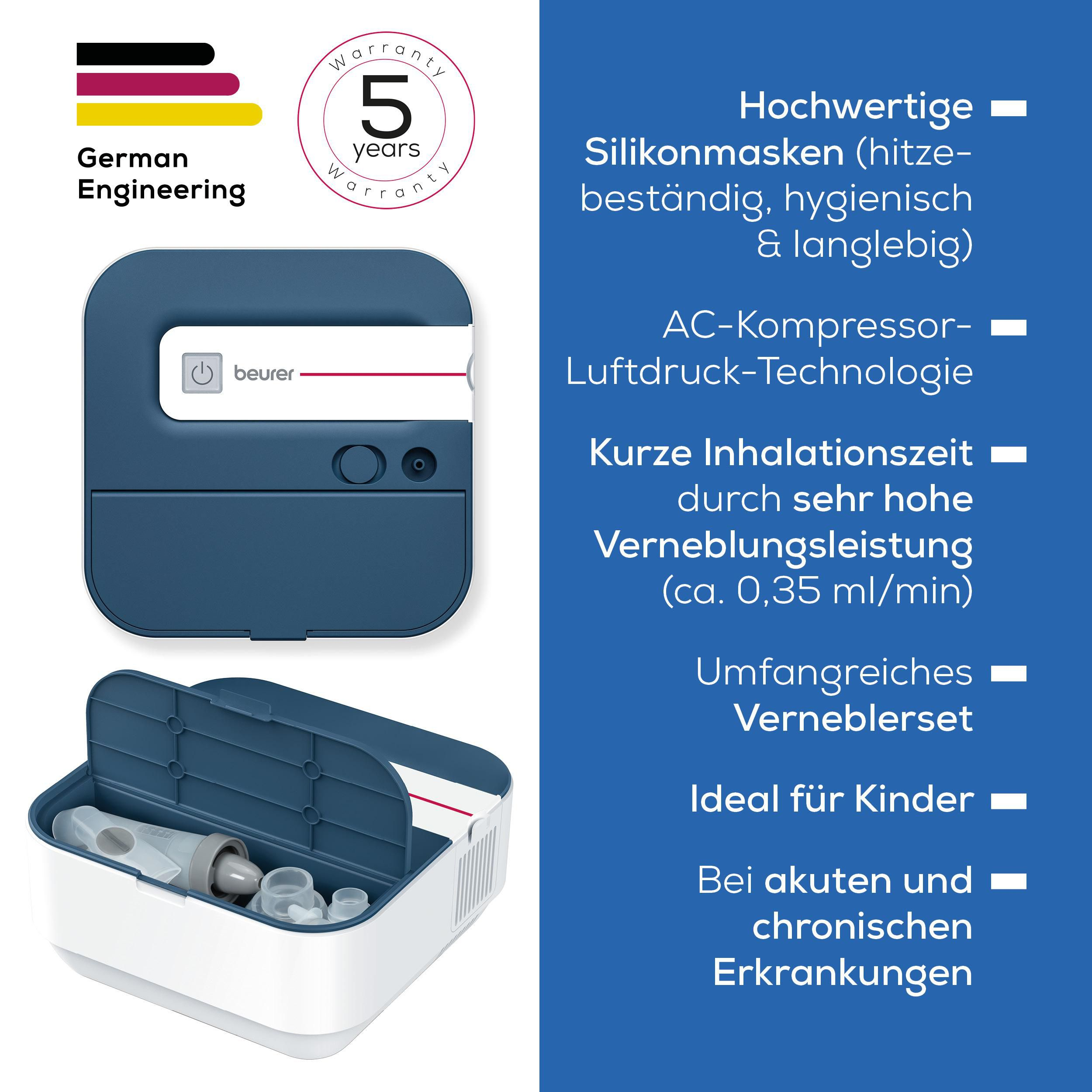Ein blauer Beurer Inhalator mit Zubehör und deutschen Texten.