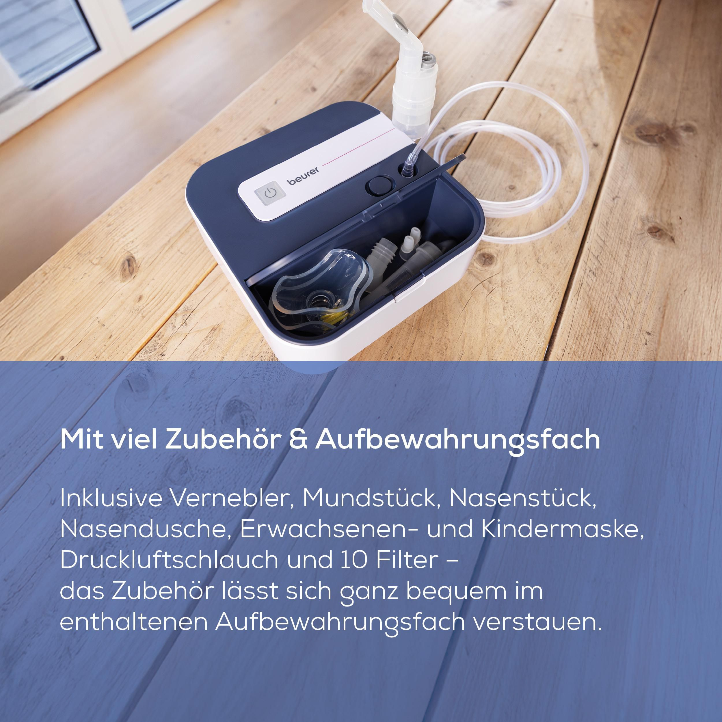Beurer Inhalator mit Zubehör: Masken, Mundstück, Schlauch und Filter.