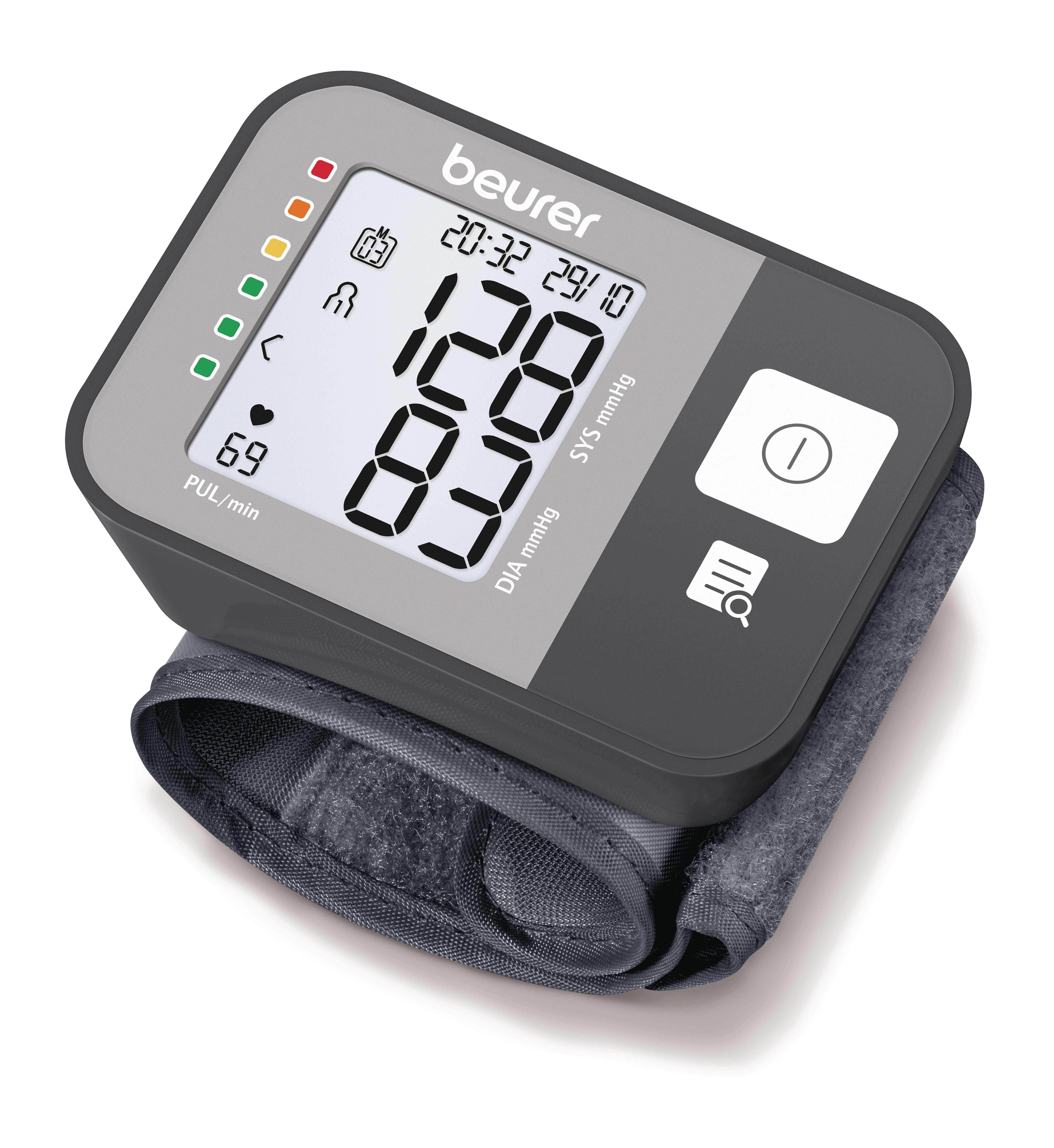 Ein Beurer Oberarm-Blutdruckmessgerät mit Manschette, zeigt 128/83 mmHg und 69 Puls.