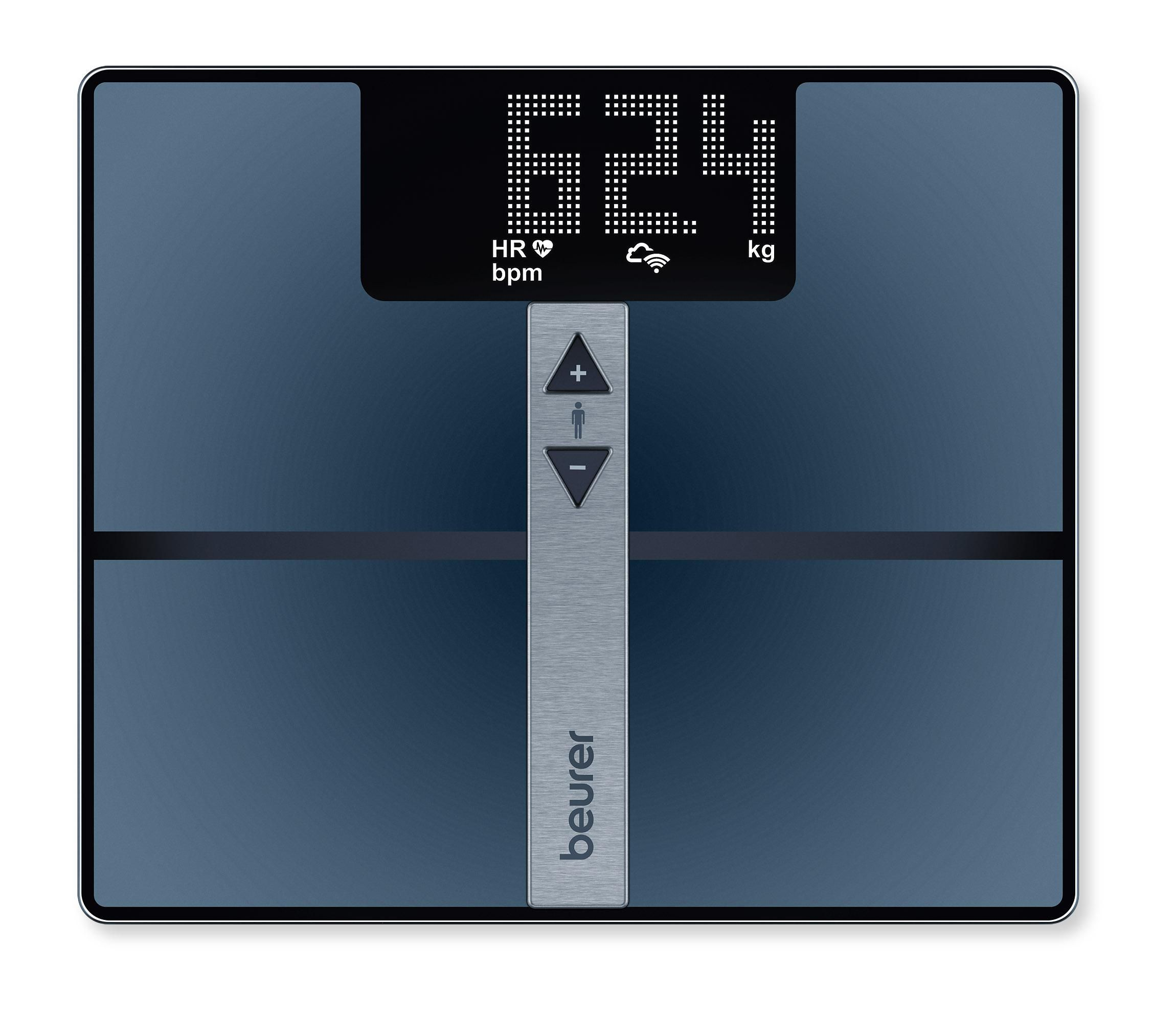 Digitale Waage mit LCD-Anzeige zeigt 62,4 kg, Puls und Konnektivitätssymbole.