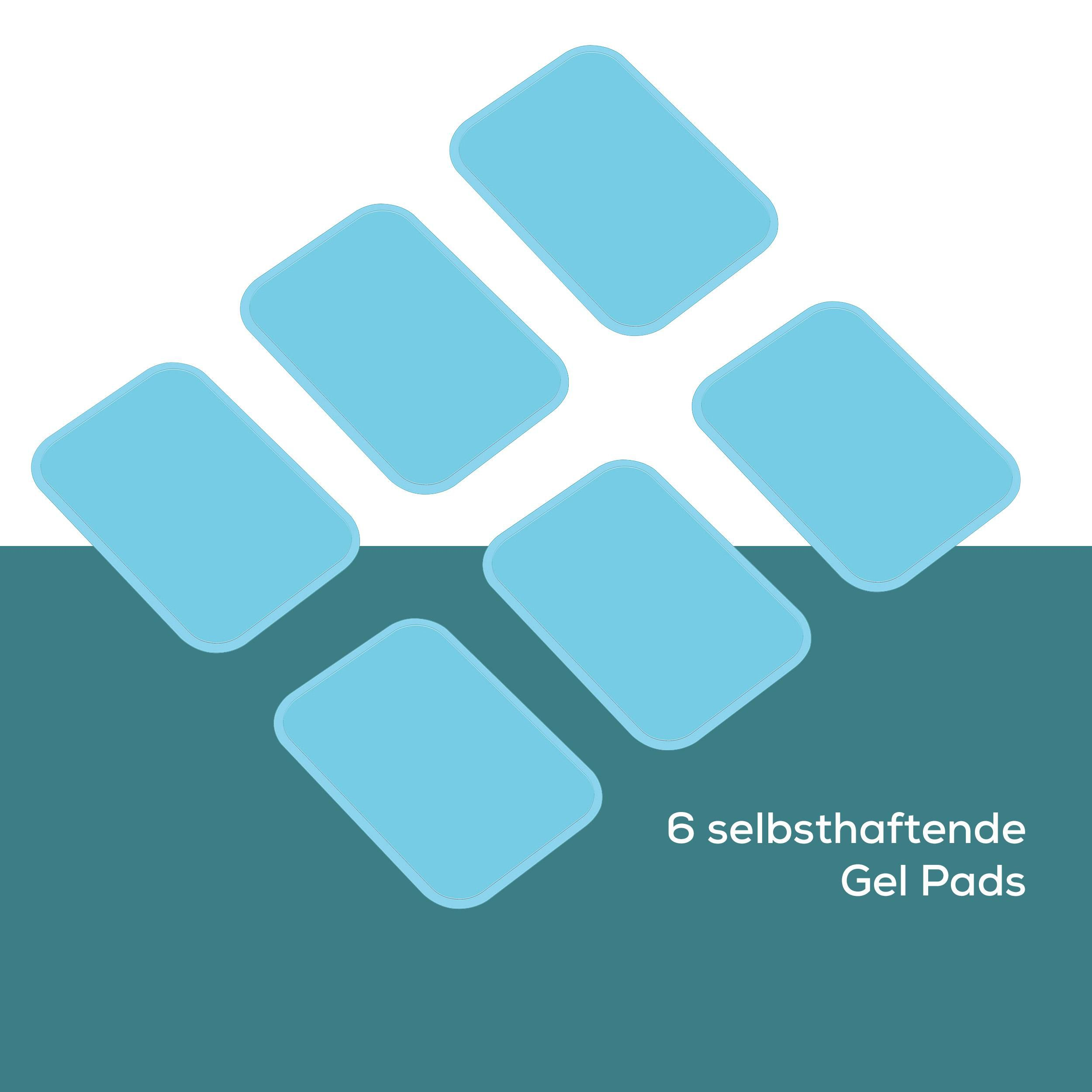 Sechs hellblaue Gel-Pads auf einem petrolfarbenen Hintergrund.