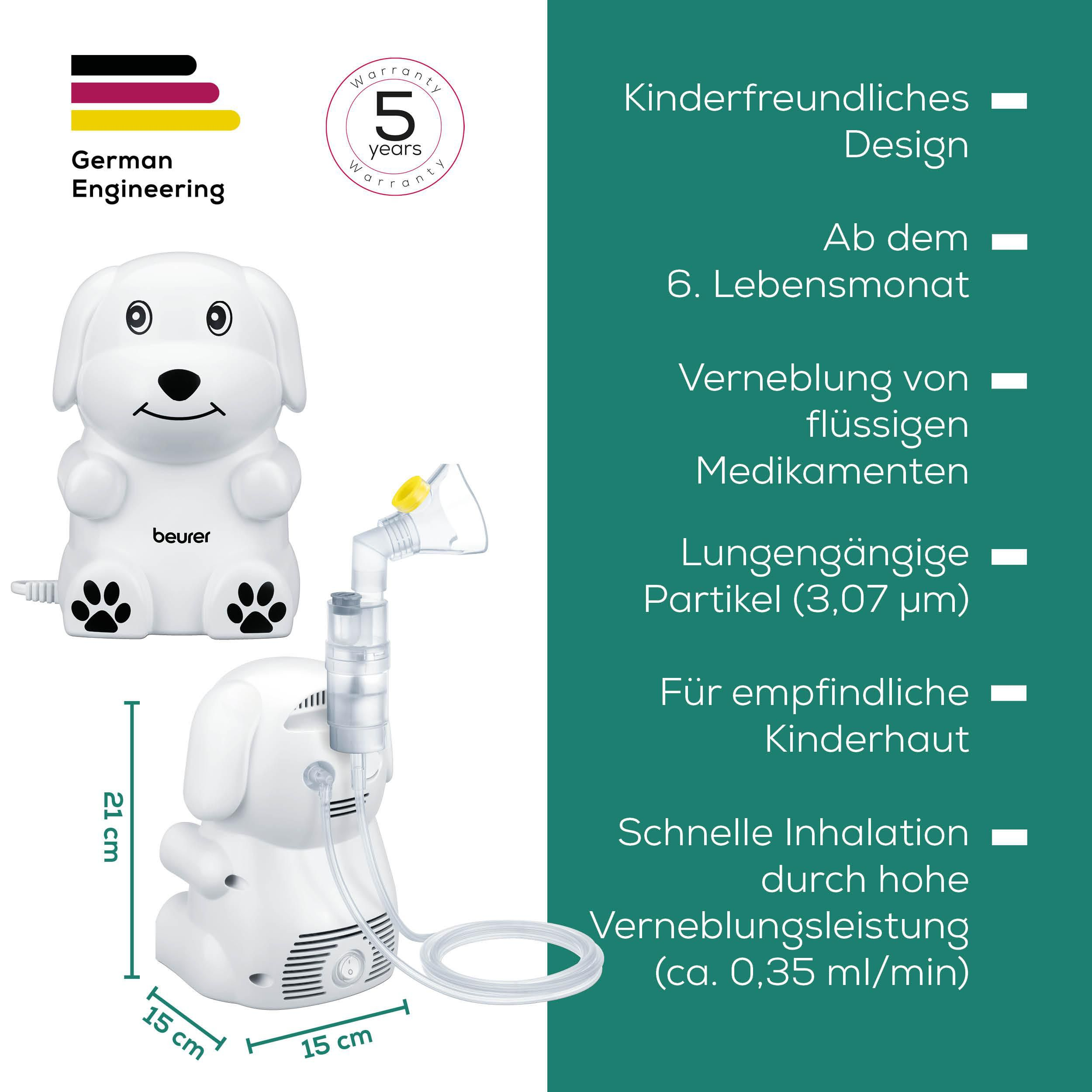 Ein weißer Vernebler in Hundeform mit Zubehör, Maßen und Text.