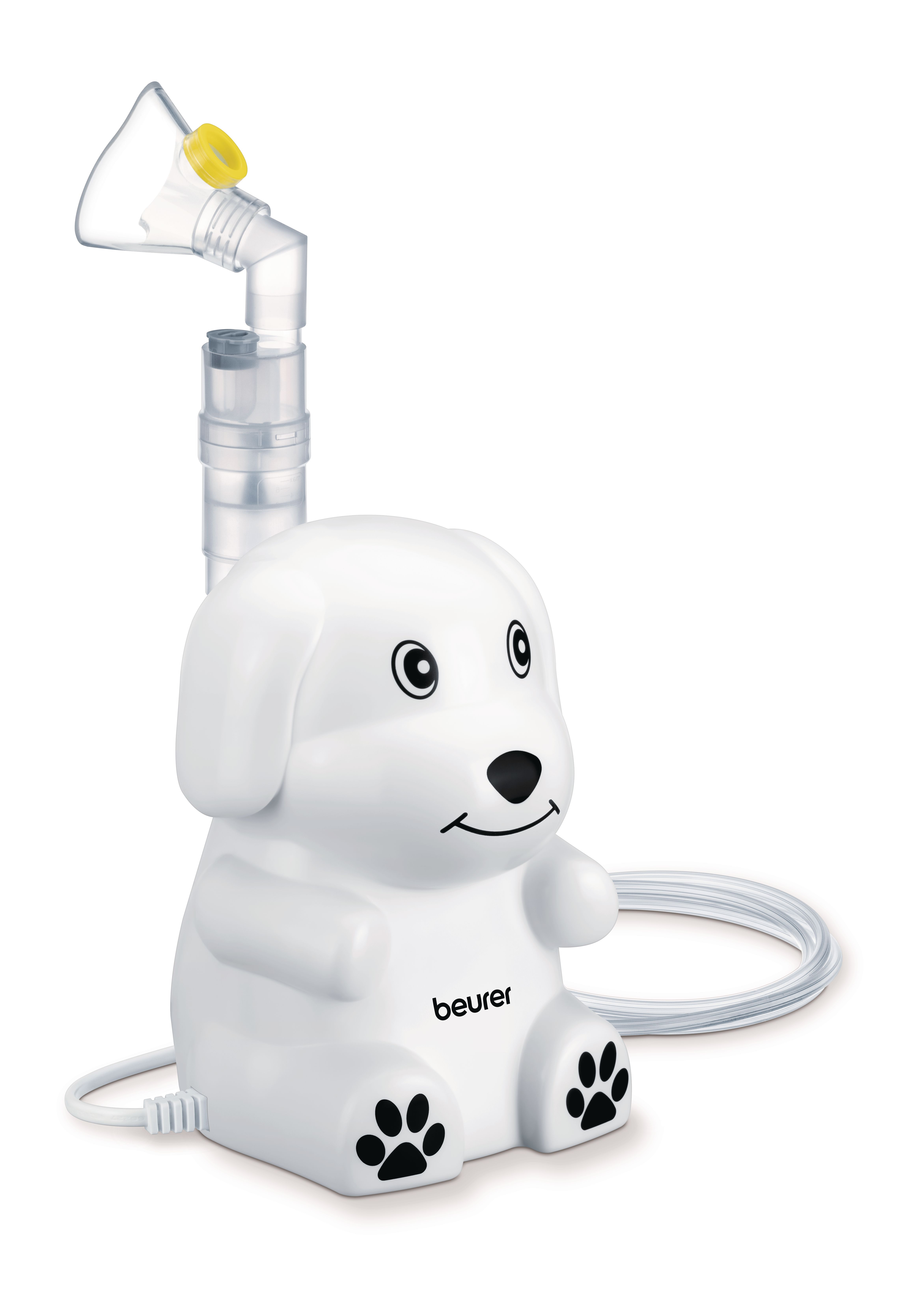 Ein weißer Vernebler in Hundegestalt mit Maske und Schlauch.