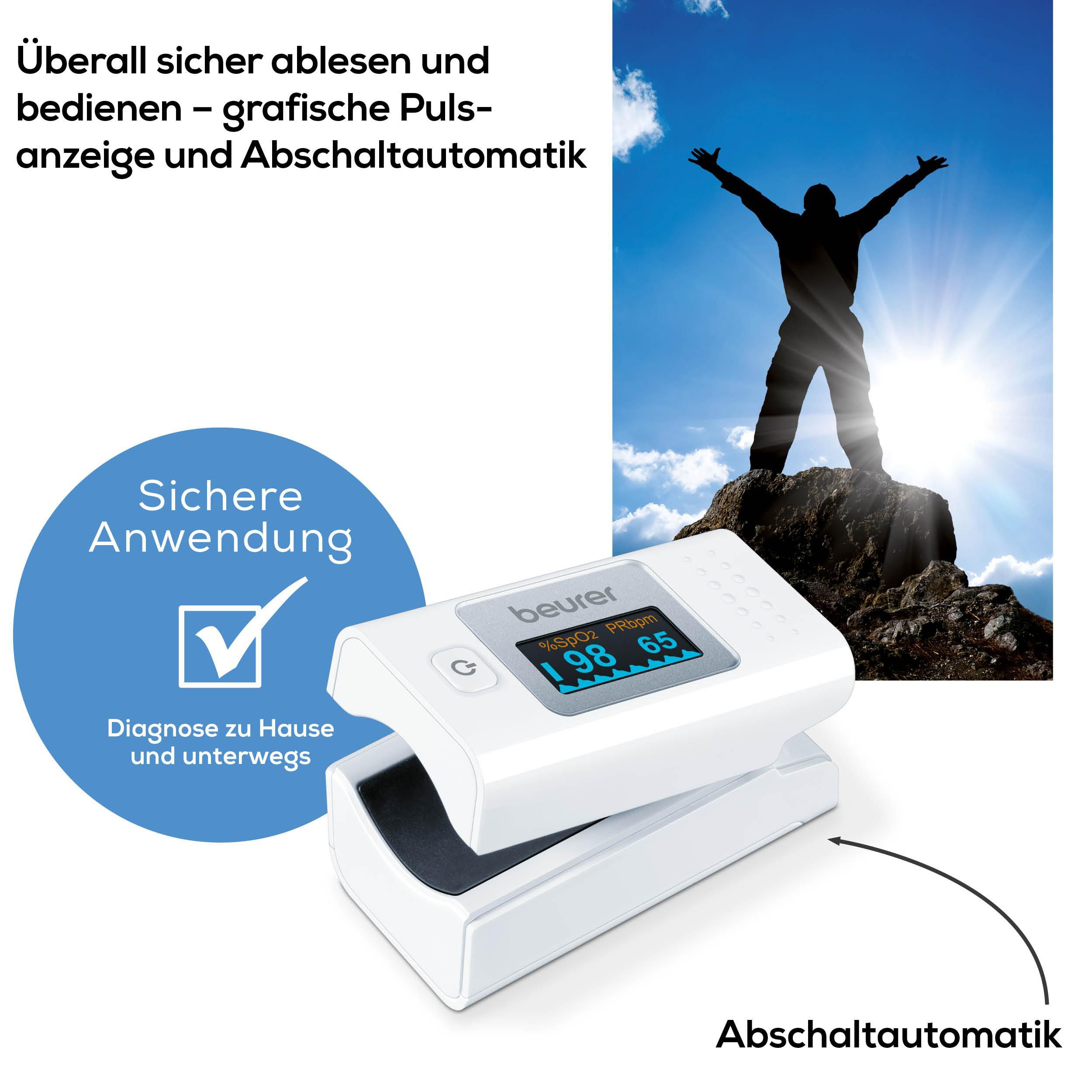 Ein weißes Pulsoximeter zeigt 98% SpO2 und 65 PRbpm. Oben ein Mann mit Armen erhoben auf einem Felsen.