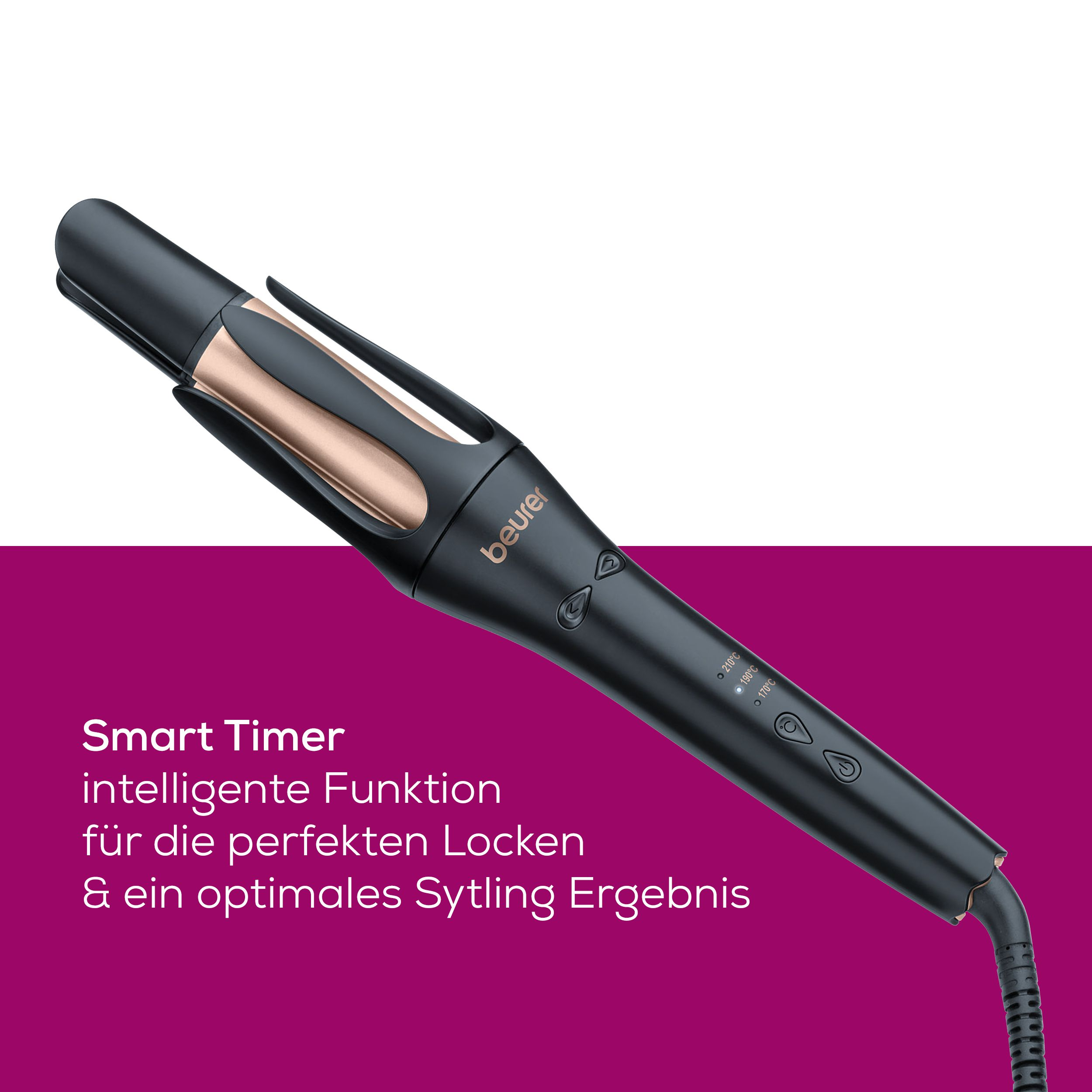 Schwarzer Lockenstab mit Roségold-Akzenten und Bedienelementen.