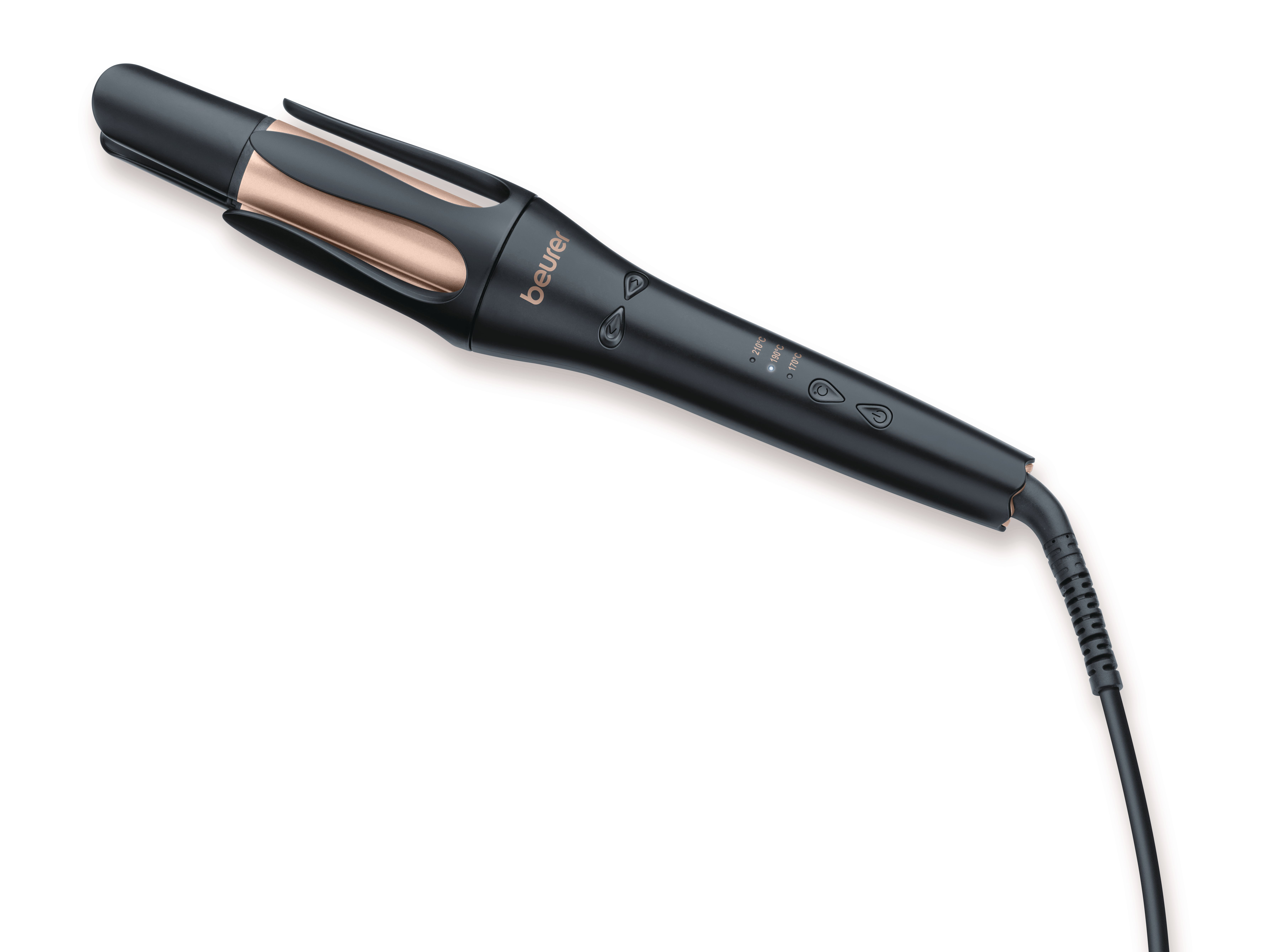 Ein schwarzer Haarstyler mit roségoldenem Detail und Bedienelementen.
