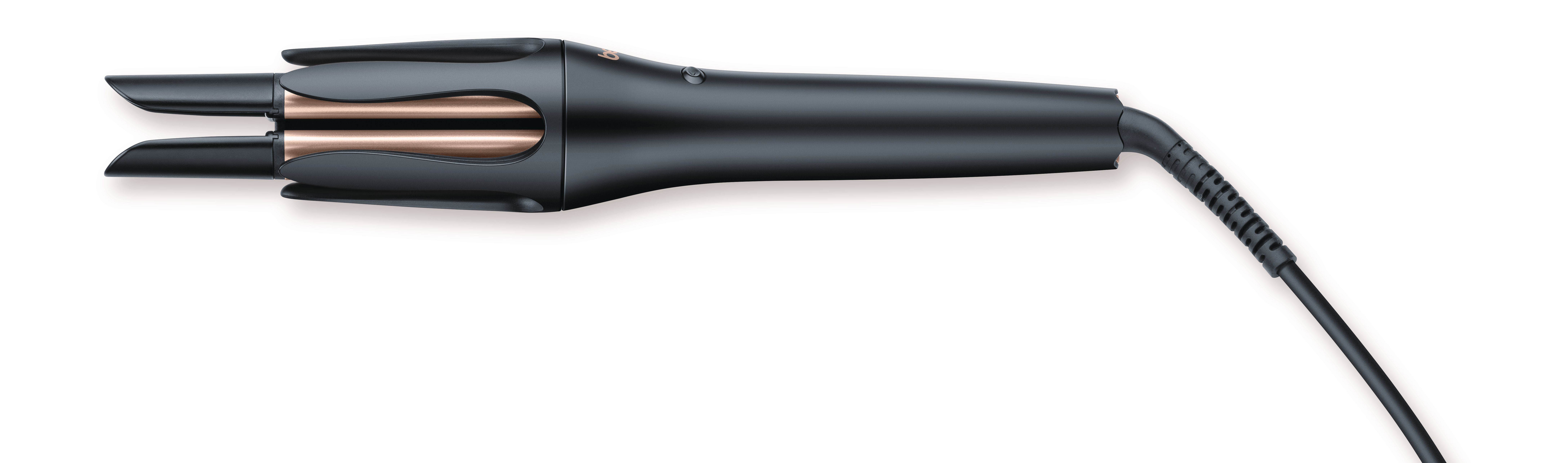 Ein schwarzer Haarglätter mit kupferfarbenen Heizelementen und Kabel.