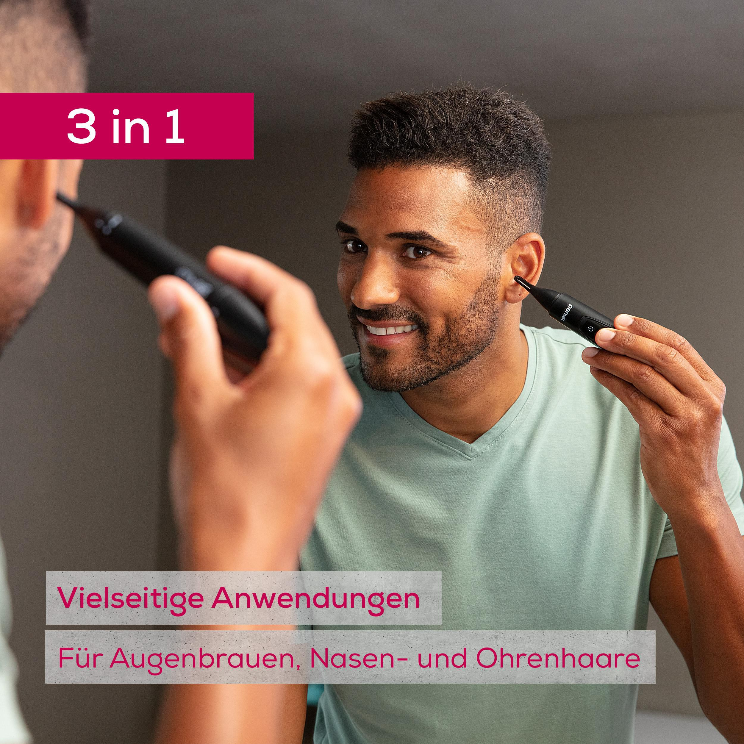 Mann mit Trimmer im Ohr, 3-in-1-Funktion für Augenbrauen, Nase und Ohren.