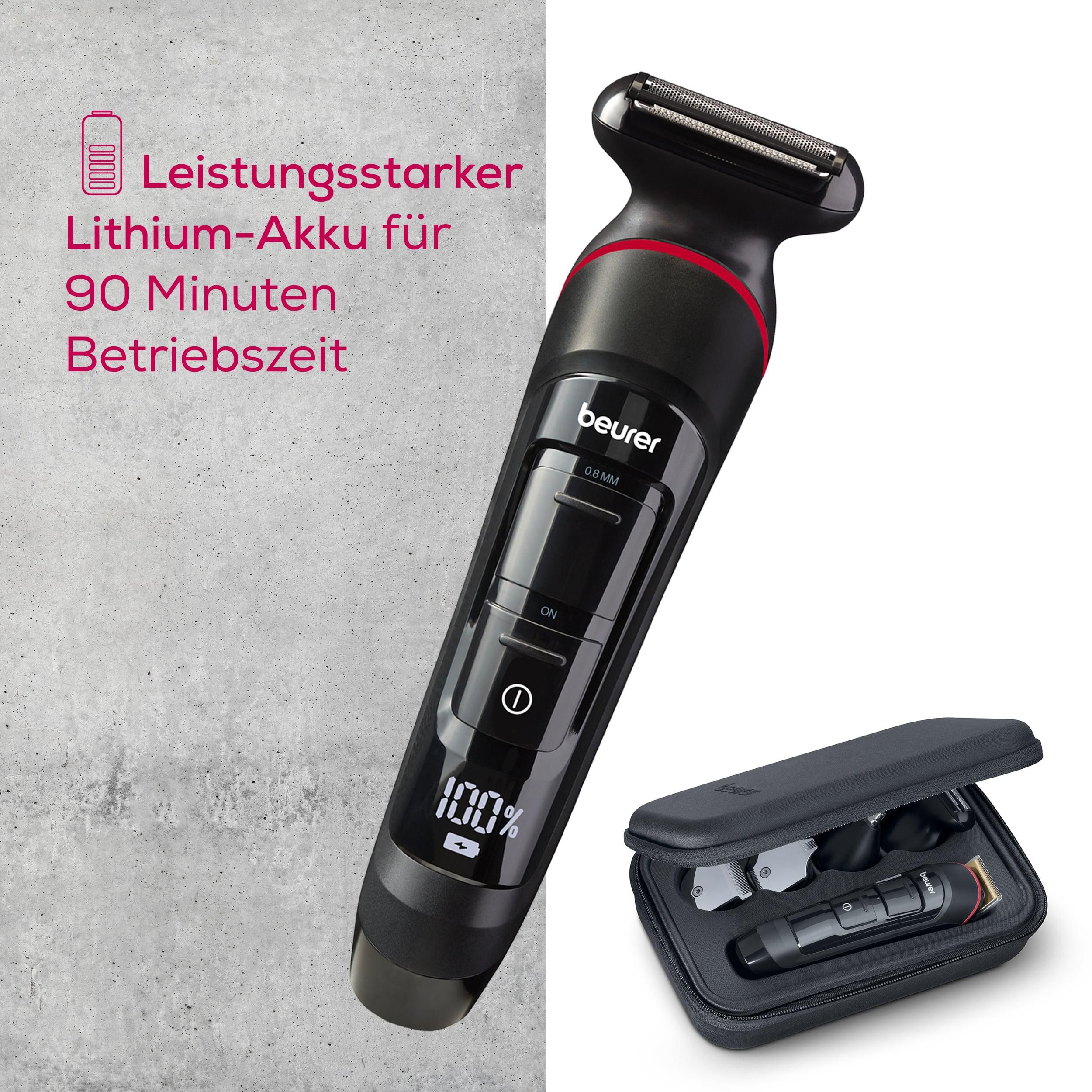 Ein schwarzer Beurer Trimmer mit Zubehör in einer schwarzen Tasche.
