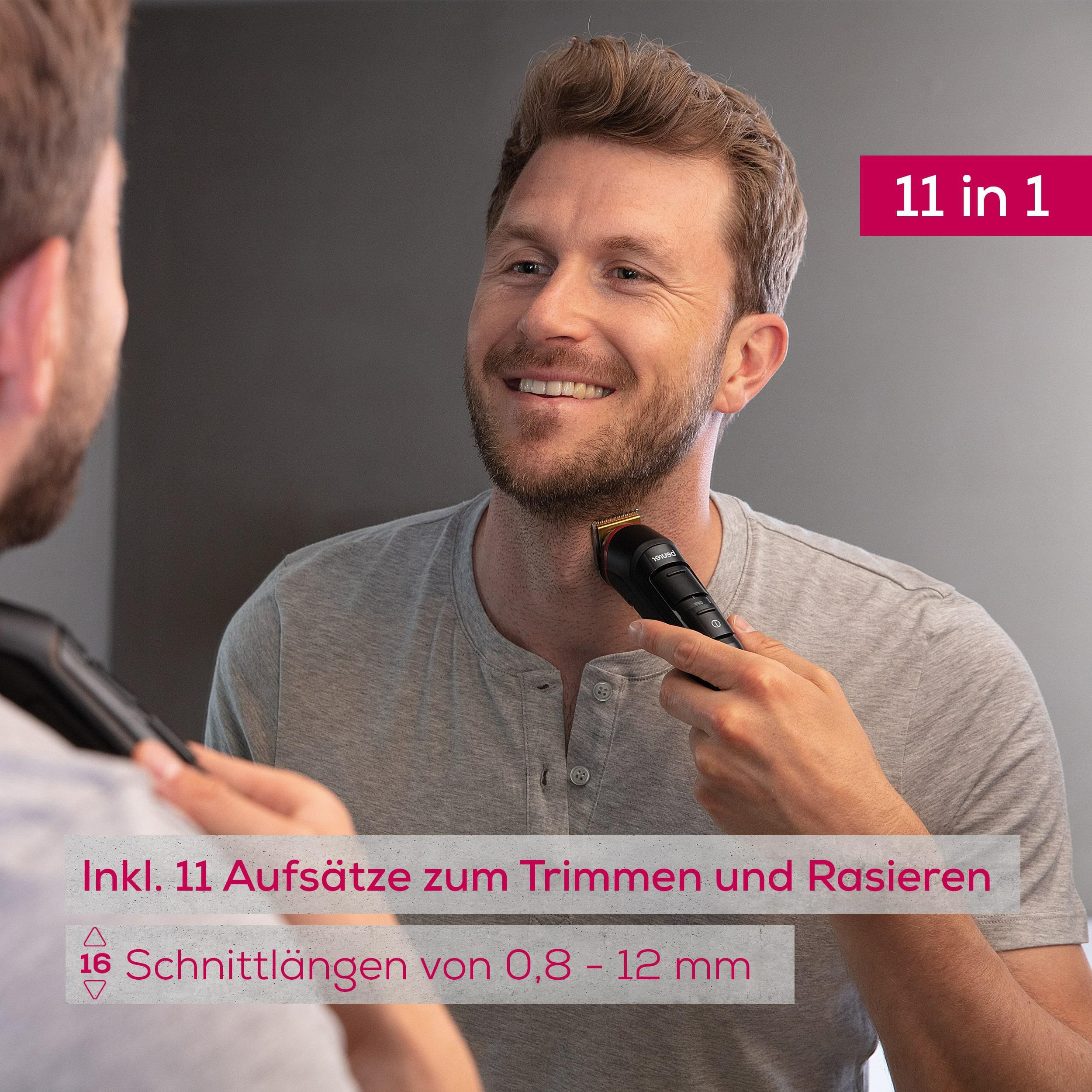Mann rasiert sich den Bart mit einem Trimmer mit 11 Aufsätzen.